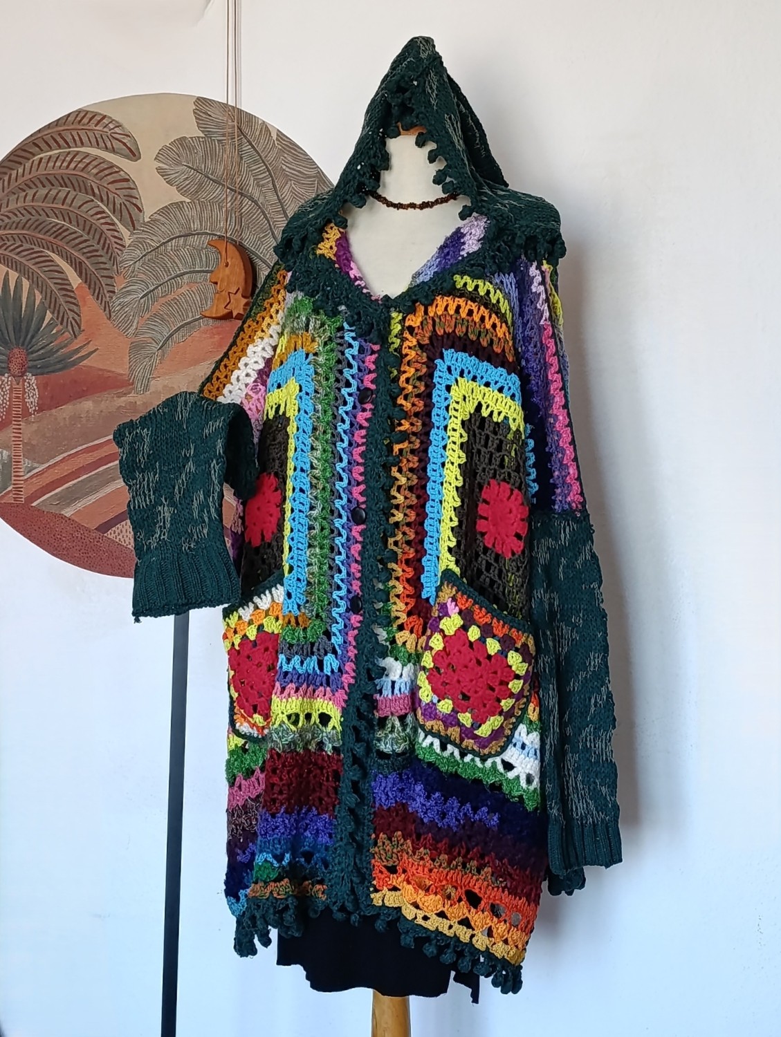 Hippy Butik Hippybutik Çok Renkli Kapüşonlu El Örgüsü Uzun Astarsız Büyük Beden Hırka/kaban görsel 2