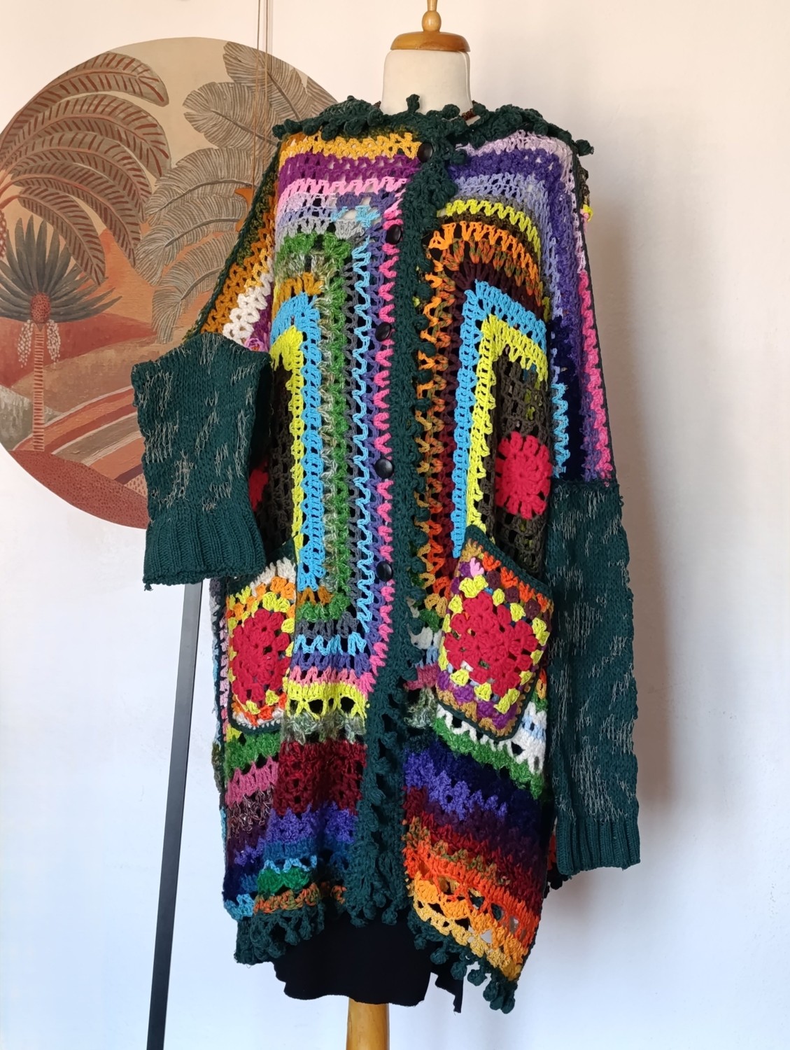 Hippy Butik Hippybutik Çok Renkli Kapüşonlu El Örgüsü Uzun Astarsız Büyük Beden Hırka/kaban görsel 3
