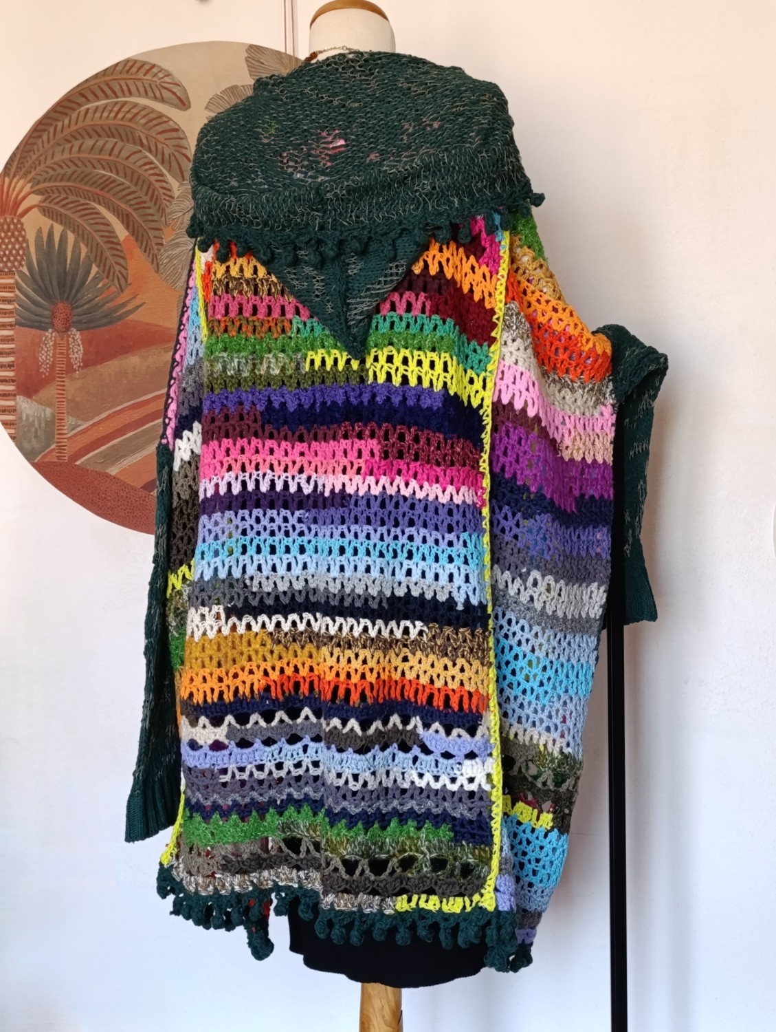 Hippy Butik Hippybutik Çok Renkli Kapüşonlu El Örgüsü Uzun Astarsız Büyük Beden Hırka/kaban görsel 4