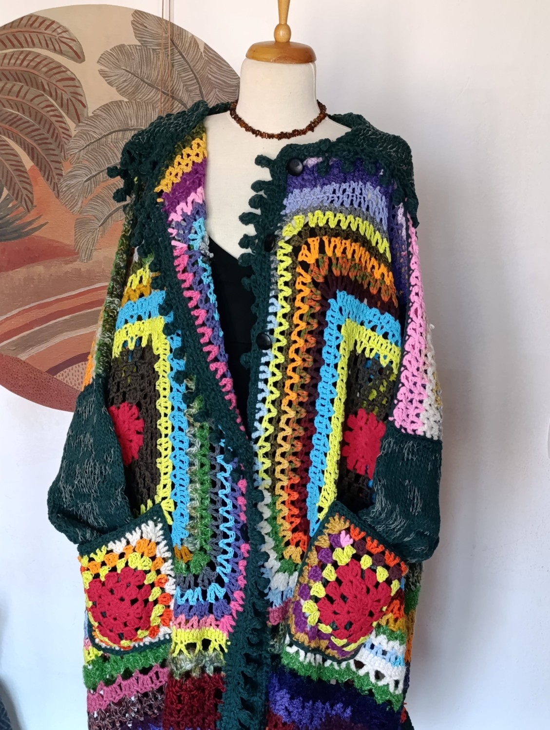 Hippy Butik Hippybutik Çok Renkli Kapüşonlu El Örgüsü Uzun Astarsız Büyük Beden Hırka/kaban görsel 5
