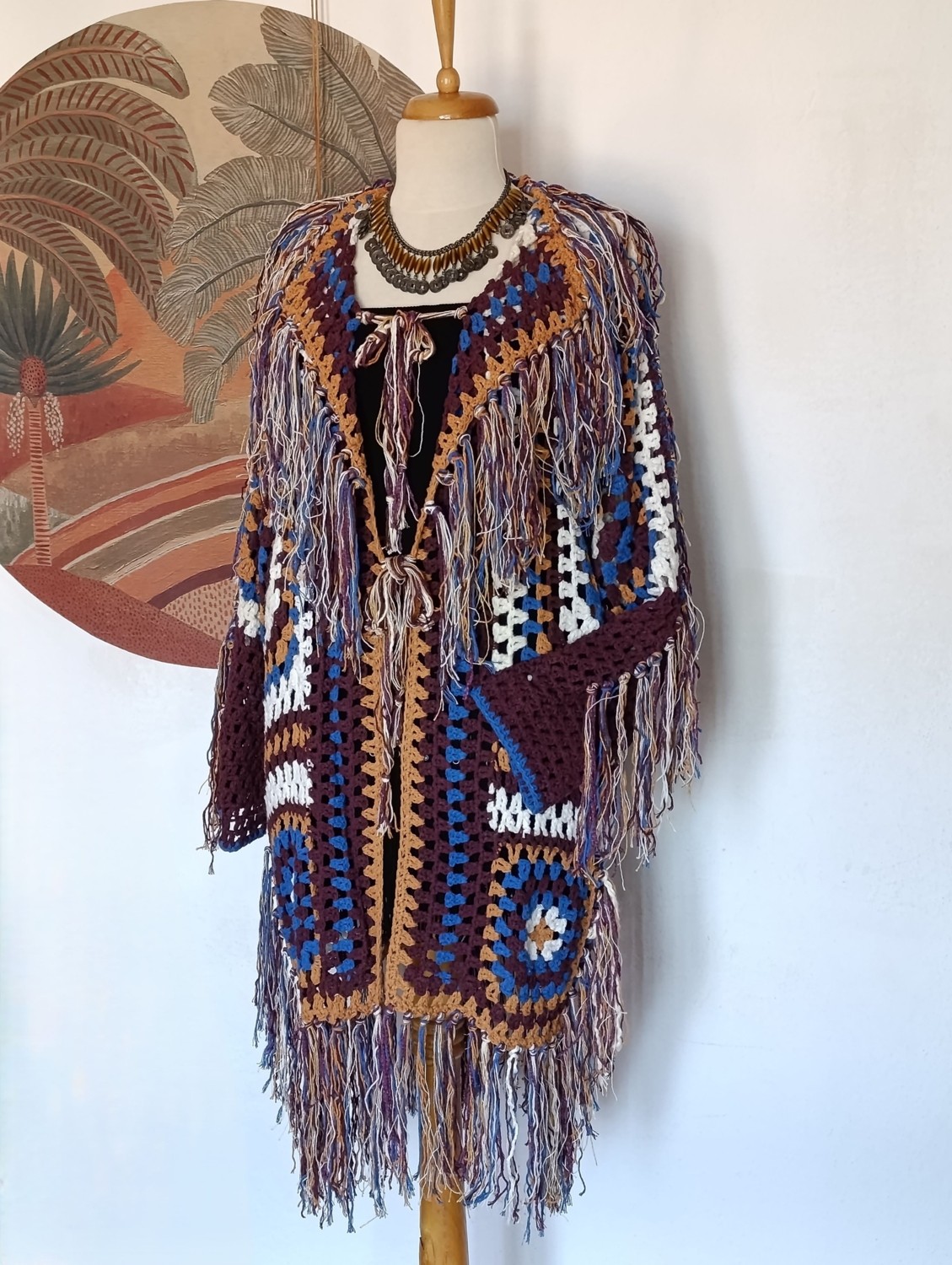 Hippy Butik Hippybutik Çok Renkli Hippy Tarzı Tığ Dokuma Elişi Tasarım Püsküllü Hırka Astarsız Ceket /hırka görsel 2