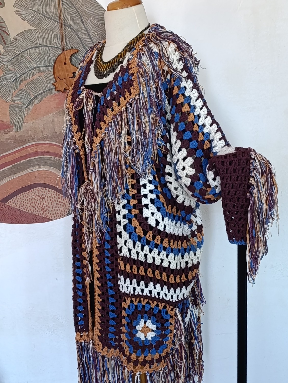 Hippy Butik Hippybutik Çok Renkli Hippy Tarzı Tığ Dokuma Elişi Tasarım Püsküllü Hırka Astarsız Ceket /hırka görsel 3