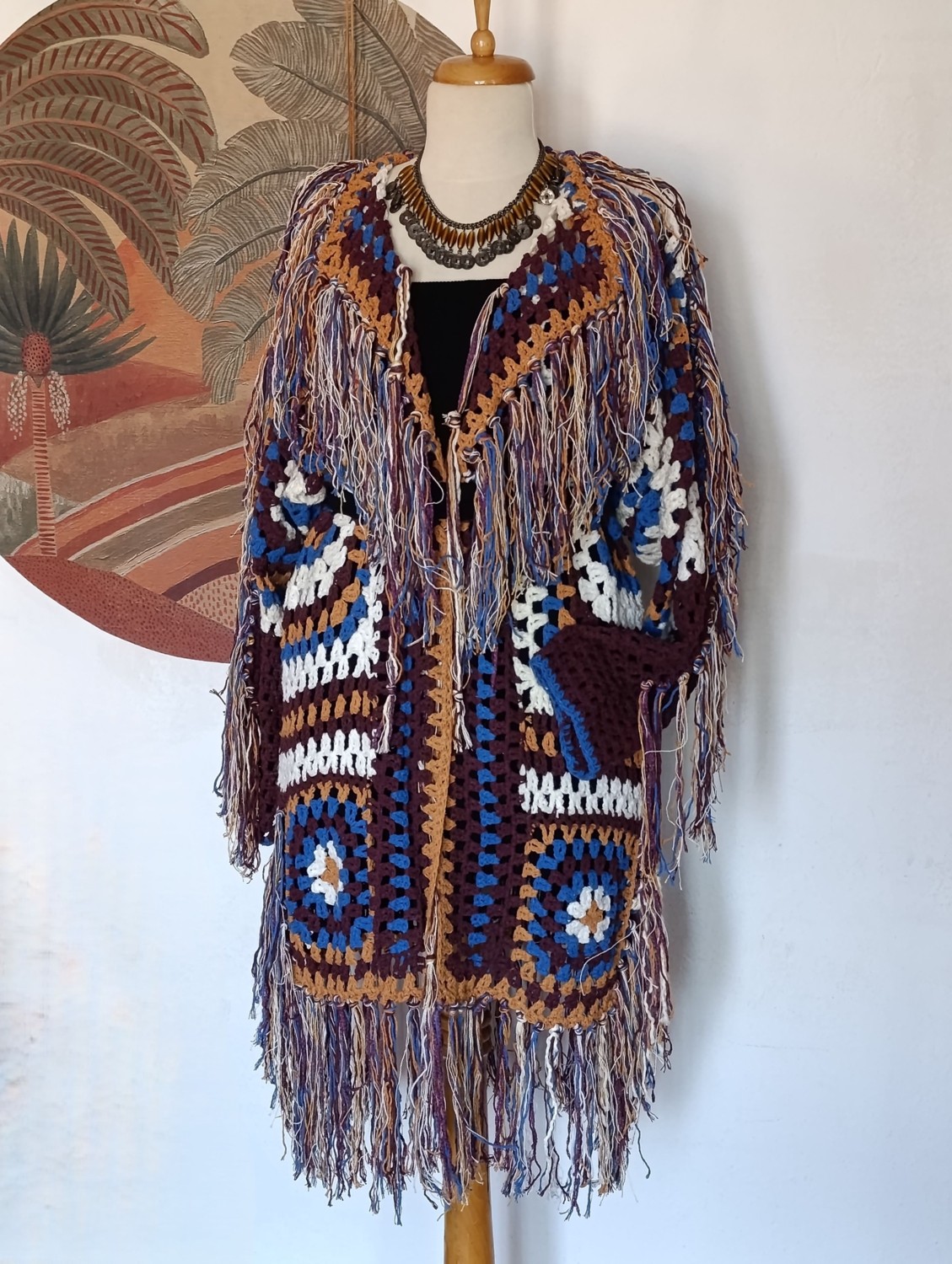 Hippy Butik Hippybutik Çok Renkli Hippy Tarzı Tığ Dokuma Elişi Tasarım Püsküllü Hırka Astarsız Ceket /hırka görsel 4