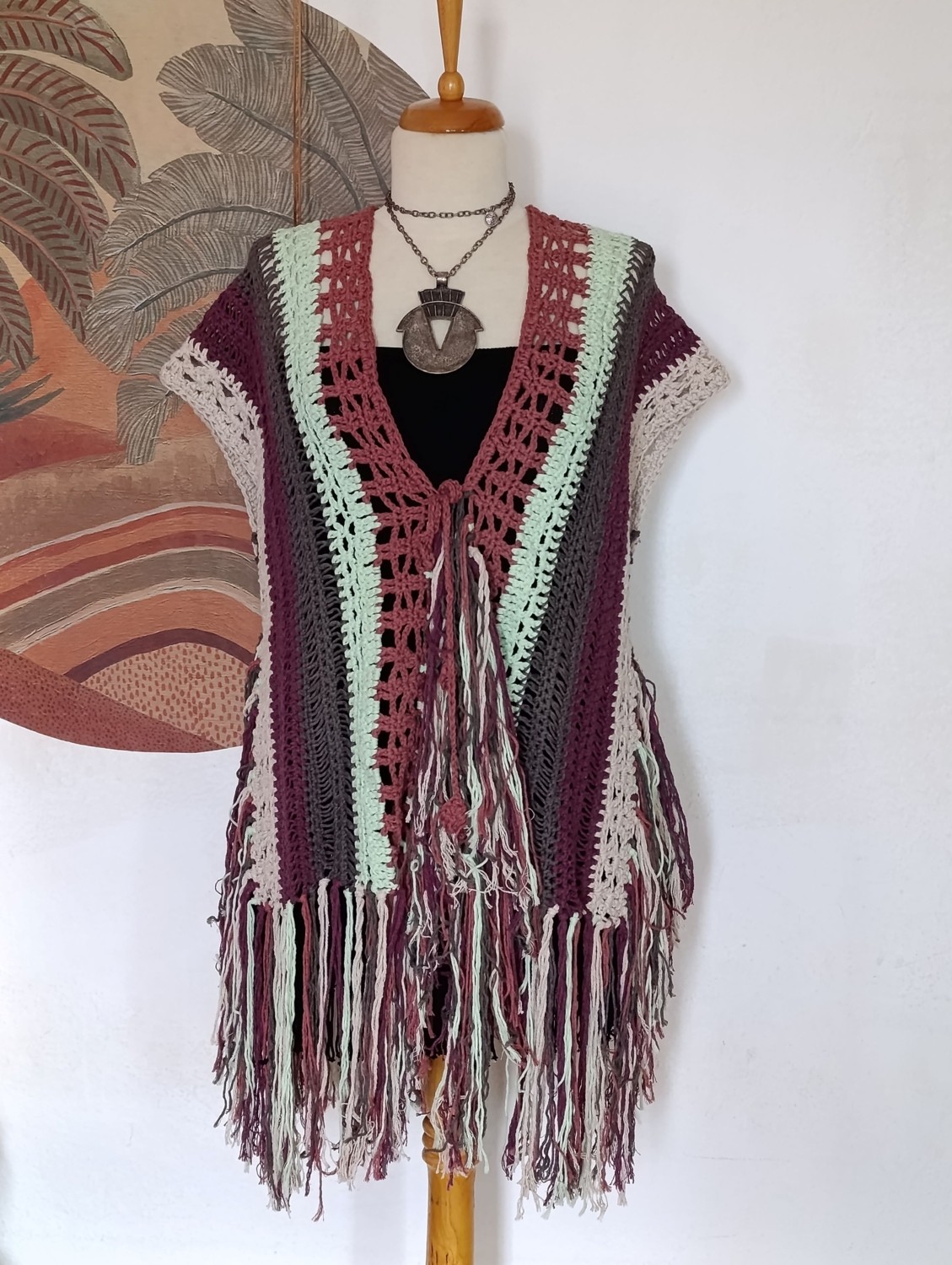 Hippy Butik Hippybutik Çok Renkli Etnik Tasarım Püsküllü Tığ Işi Panço