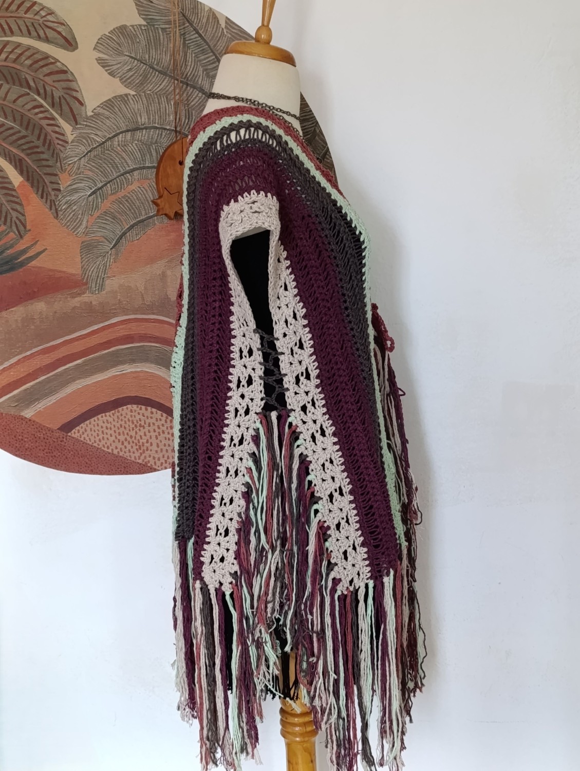 Hippy Butik Hippybutik Çok Renkli Etnik Tasarım Püsküllü Tığ Işi Panço görsel 2