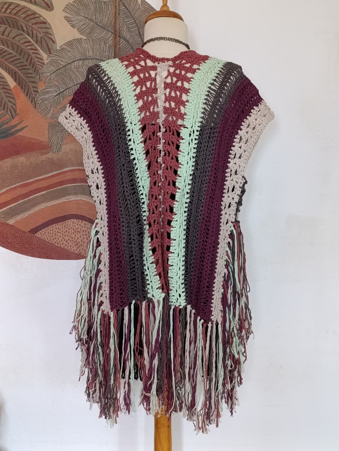 Hippy Butik Hippybutik Çok Renkli Etnik Tasarım Püsküllü Tığ Işi Panço görsel 3