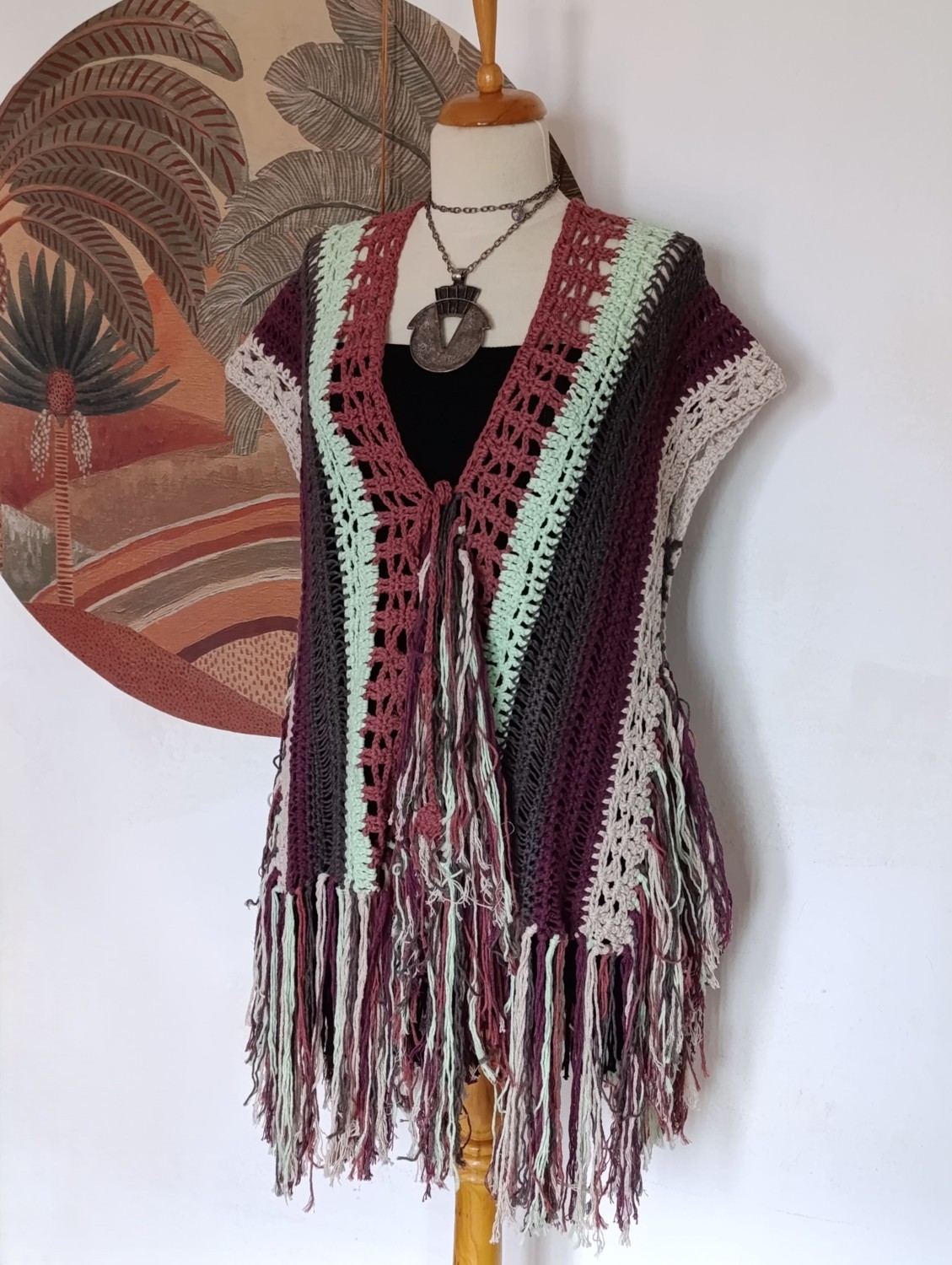 Hippy Butik Hippybutik Çok Renkli Etnik Tasarım Püsküllü Tığ Işi Panço görsel 4