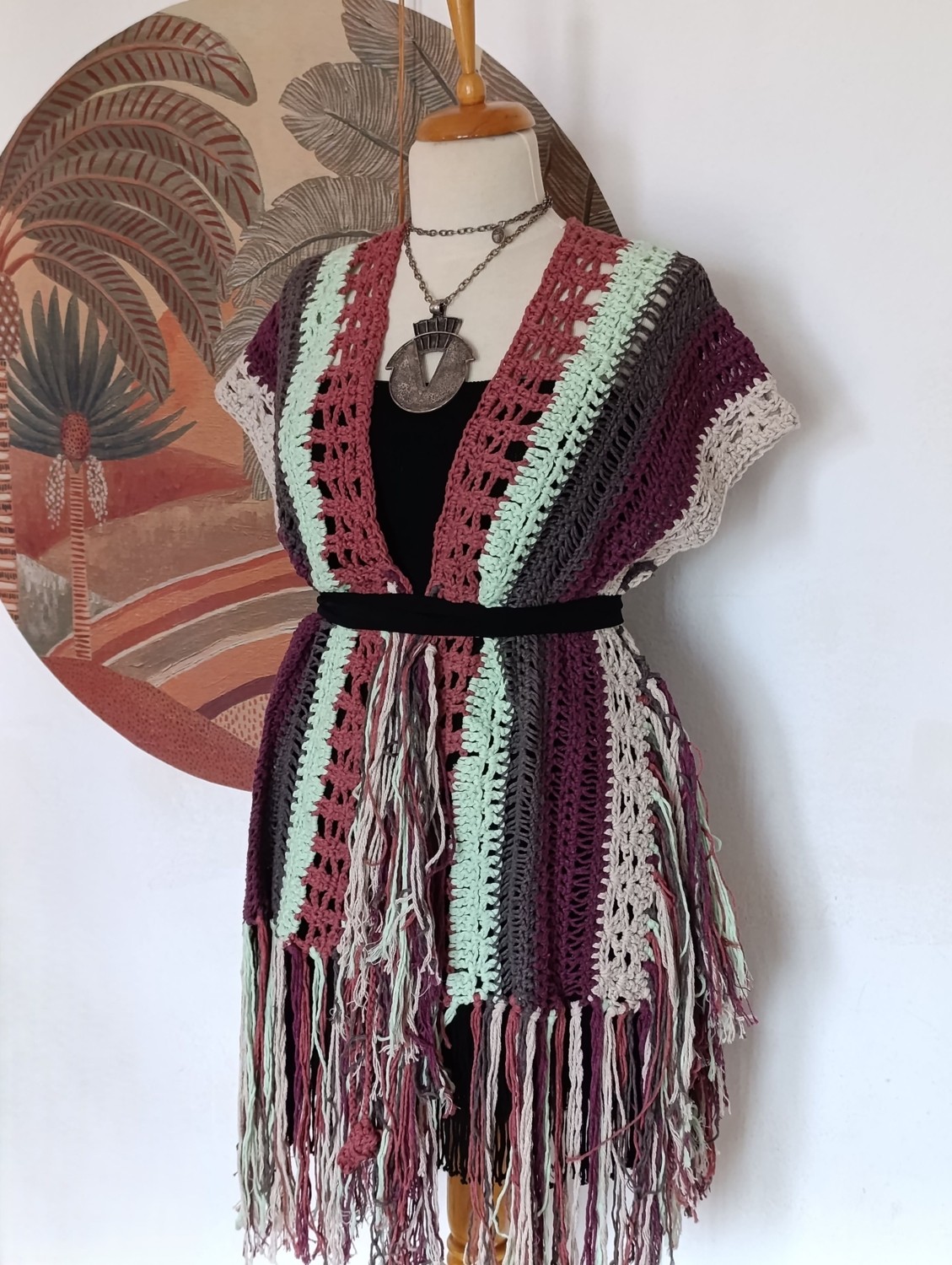 Hippy Butik Hippybutik Çok Renkli Etnik Tasarım Püsküllü Tığ Işi Panço görsel 5