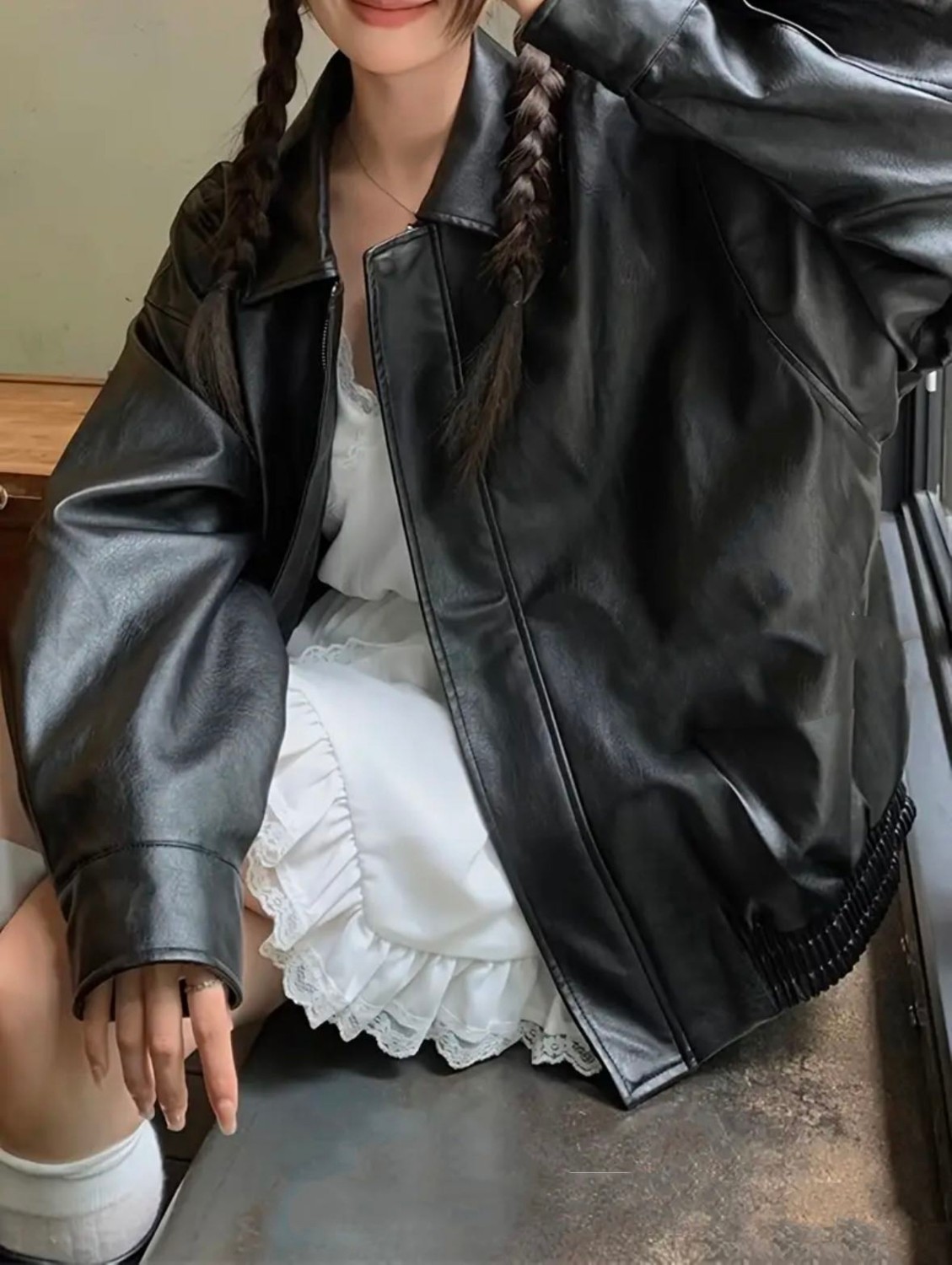 Çerme Vintage Kadın Oversize Siyah Deri Ceket görsel 3