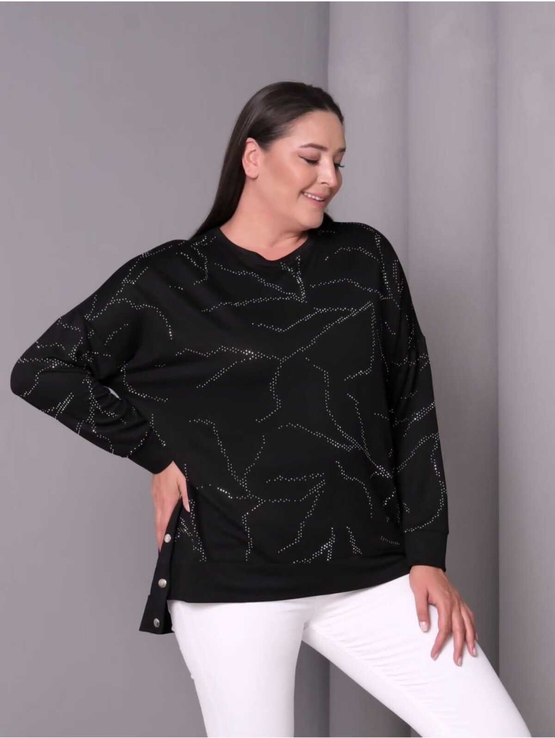 Esina Kadın Siyah Kristal Kumaş Sweatshirt Taş Detaylı Uzun Kol Modern Tasarım görsel 2