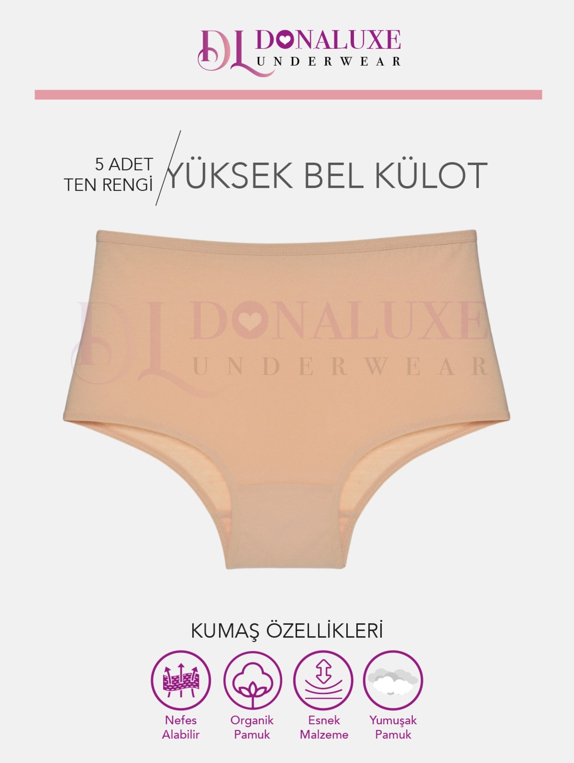 Donaluxe Kadın Külot , Kadın Yüksek Bel Beyaz 5'li Pamuklu Külot görsel 5