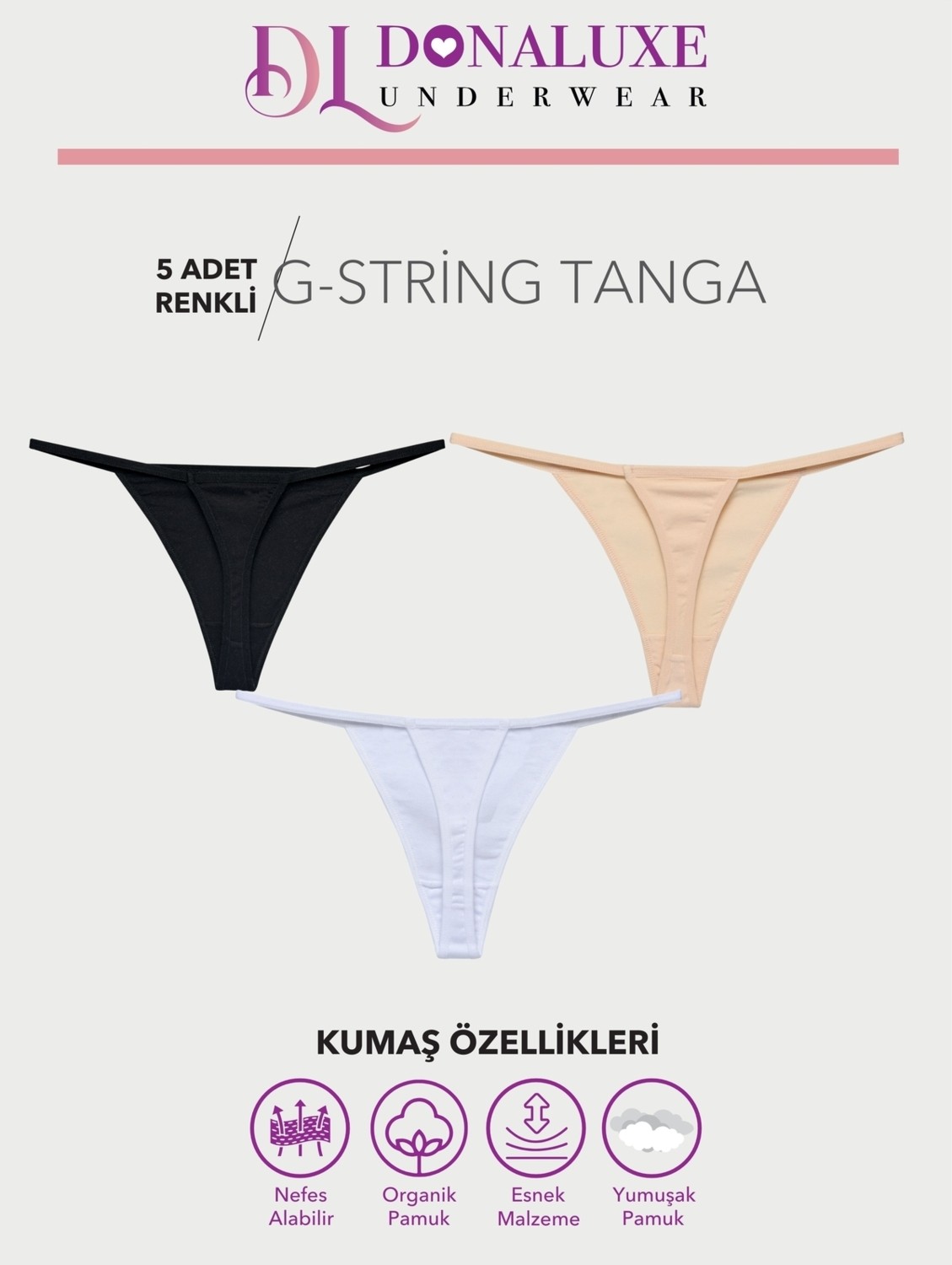 Donaluxe Kadın Tanga , Kadın Ipli Tanga Ten Pamuklu Yumuşak Kumaş 5'li görsel 7