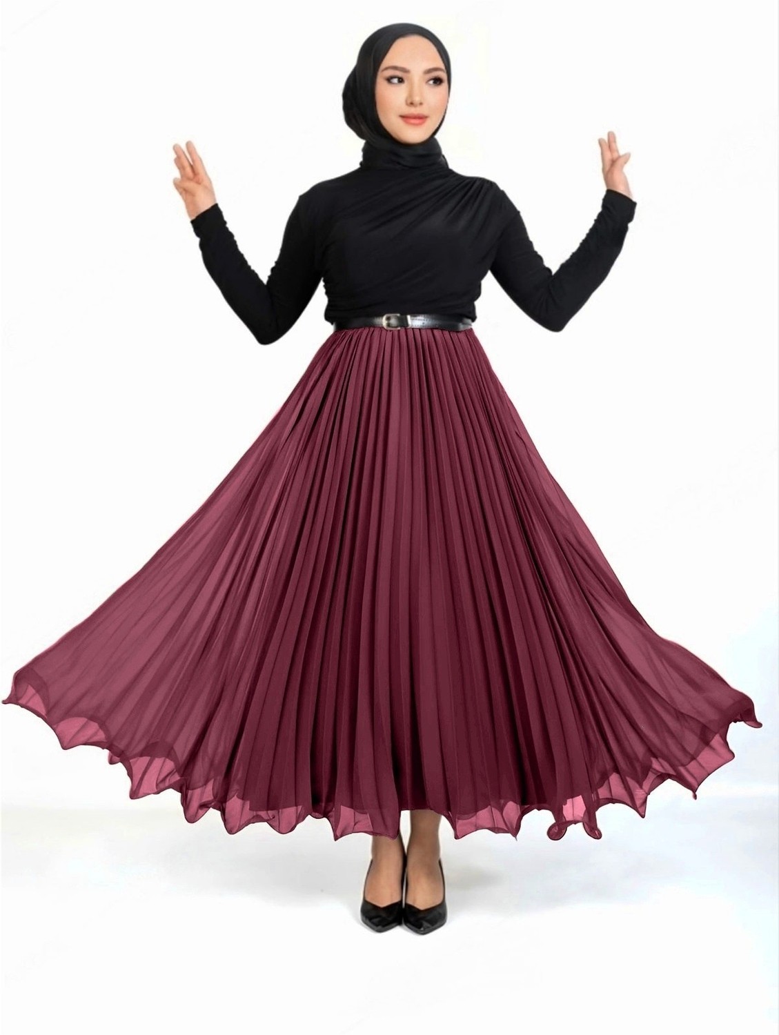 Moda Morfo Kemerli Volanlı Pliseli Şifon Etek -Haki