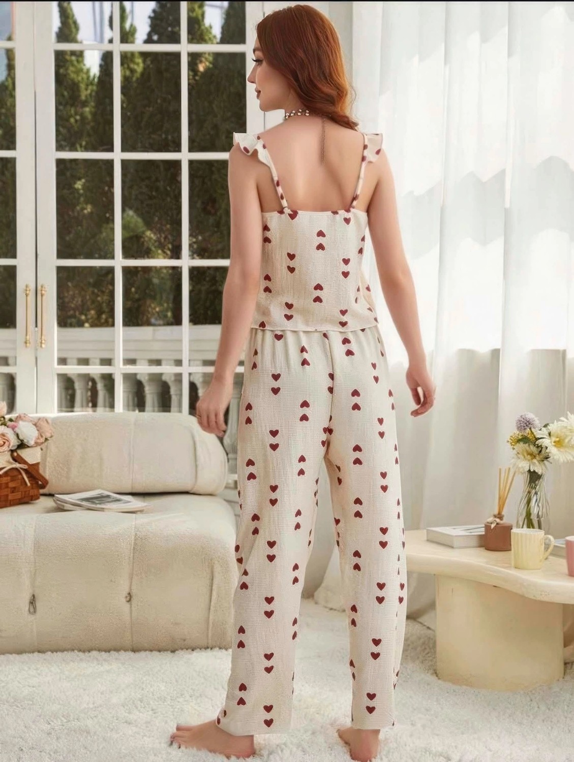 Beruflic Kadın Ekru Kırmızı Kalp Desenli Yumuşak Pamuklu Uzun Pijama Takımı 5136 görsel 3