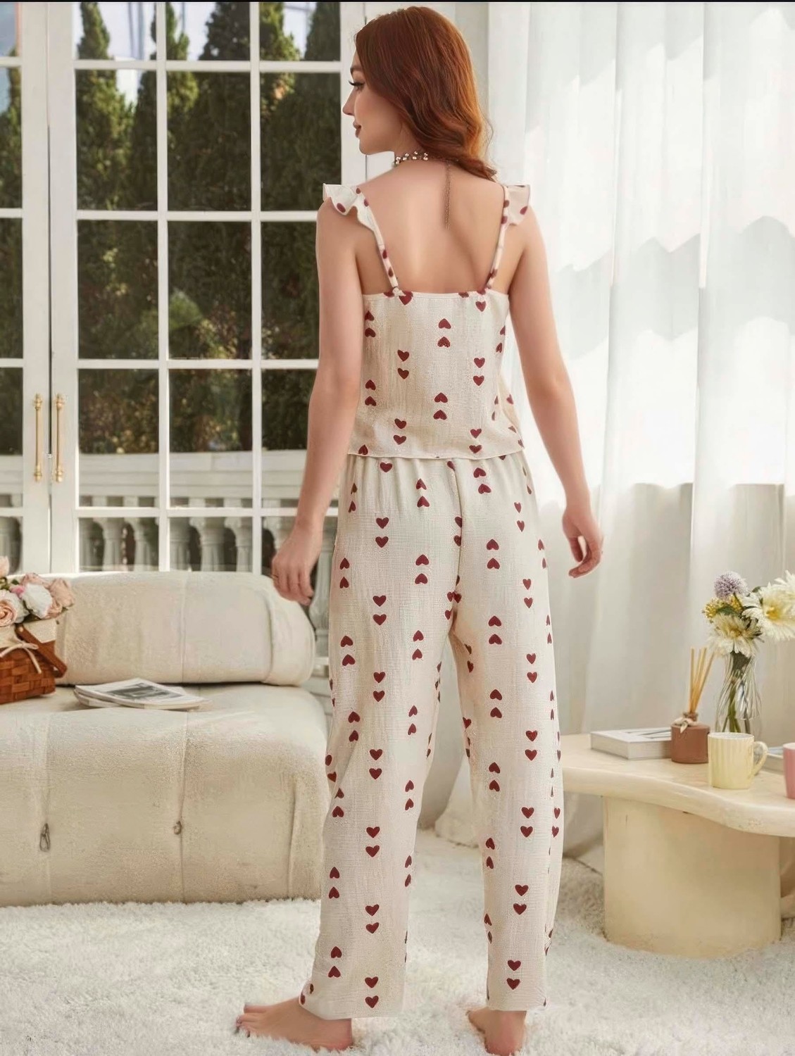 Bezos Kadın Ekru Kırmızı Desenli Yumuşak Pamuklu Uzun Pijama Takımı 5136 görsel 3