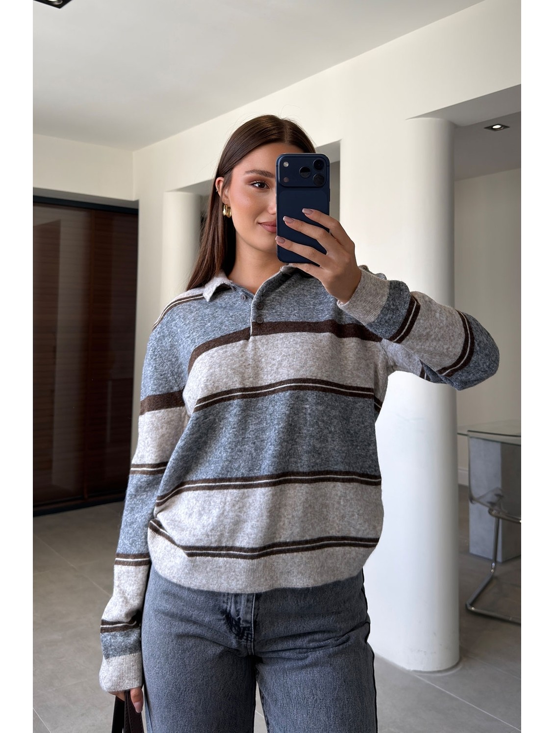 Magarde Çizgili Premium Polo Yaka Triko Kazak- Sarı görsel 8