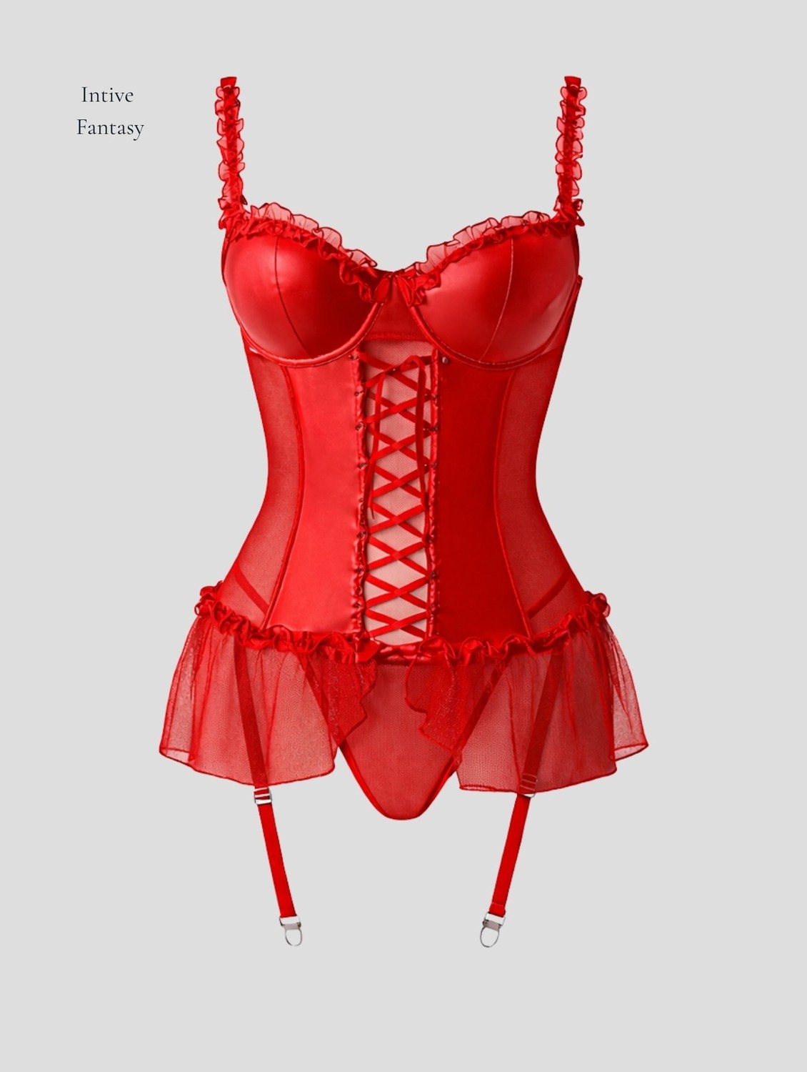 Intive Lingerie Intive Fantasy Kırmızı Deri Görünümlü Fırfır Askılı Tül Etekli Jartiyerli Takım (Çorapsız) görsel 3