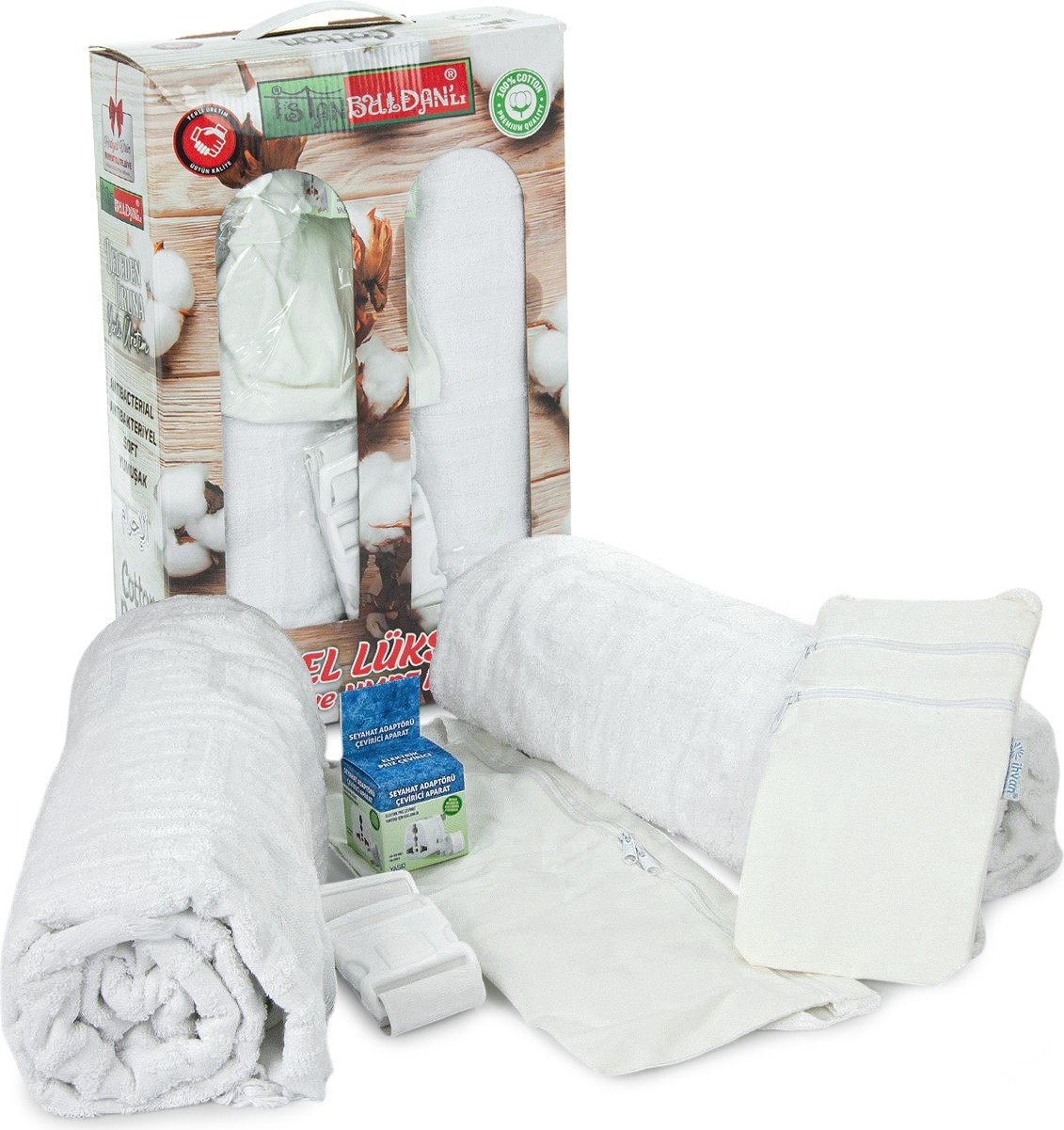 İhvan Online 6 Parça Pamuklu Hac ve Umre Ihram Seti %100 Pamuk, Kemer, Çanta ve Seyahat Adaptörlü görsel 2