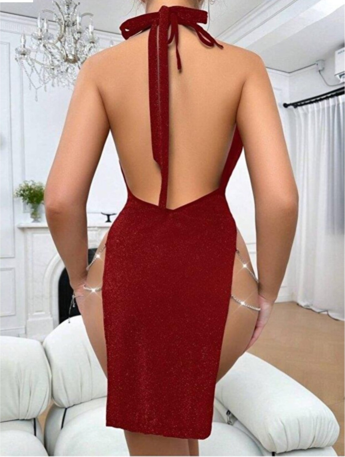 NiCe İç Giyim Bordo Simli Zincir Detaylı Seksi Fantazi Gece Kadın Elbisesi görsel 5