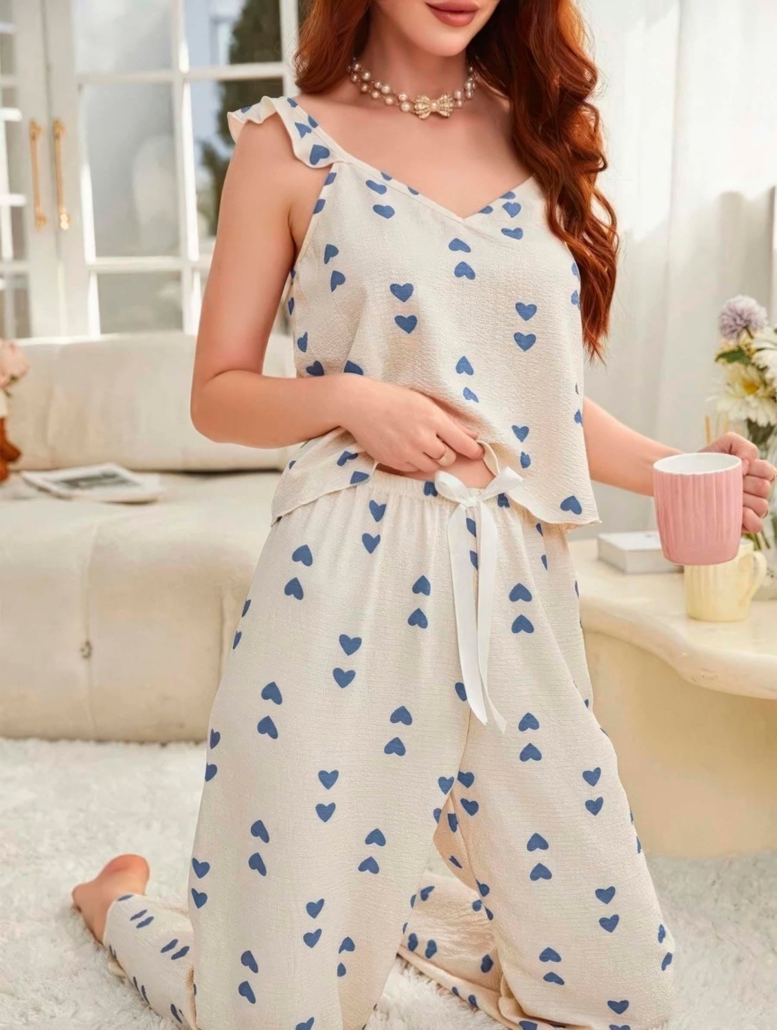 Kadın Ekru Mavi Kalp Desenli Yumuşak Pamuklu Uzun Pijama Takımı 5137 görsel 2