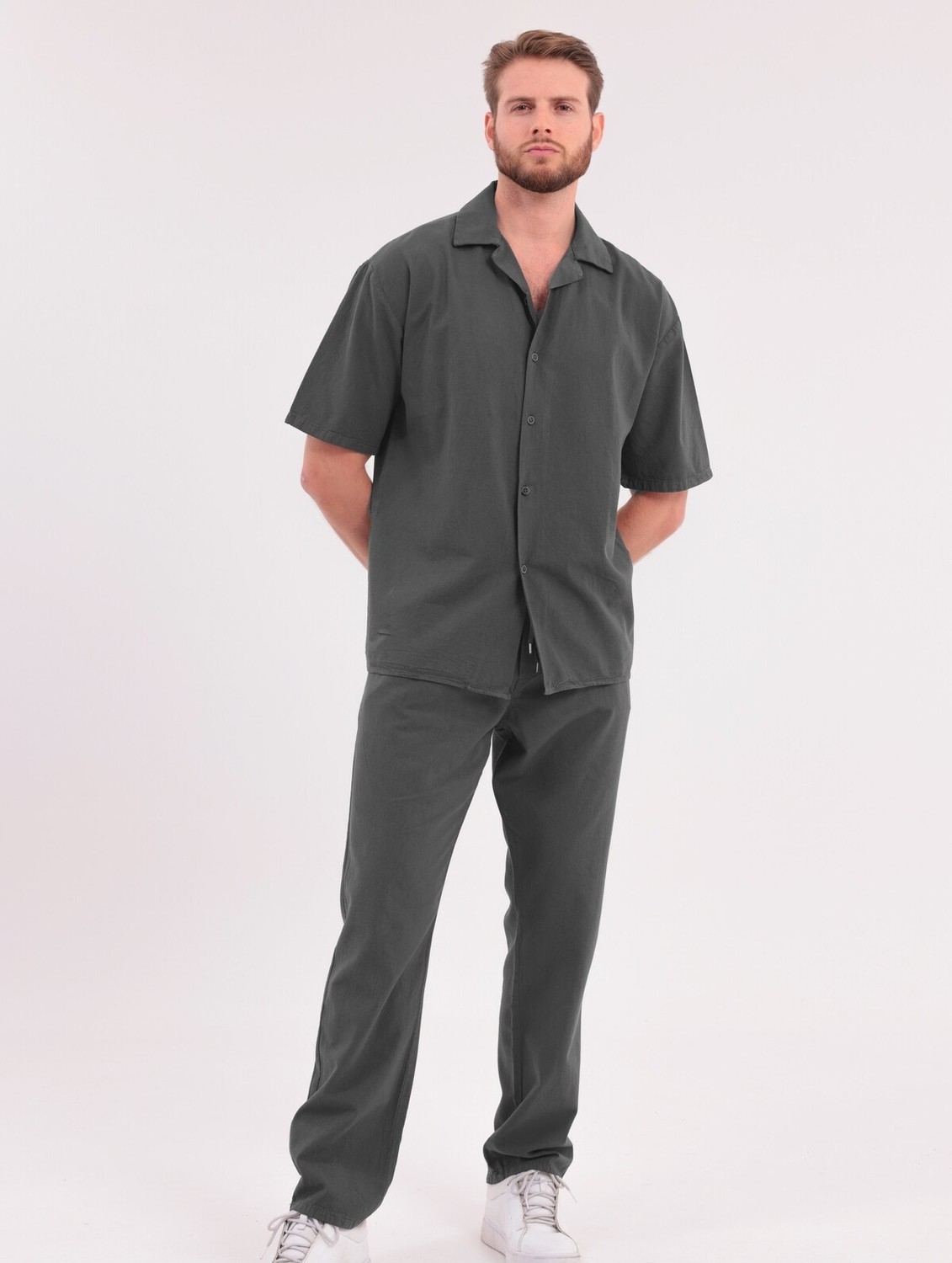 Blayn Jeans Erkek Haki Keten Takım Oversize Gömlek & Pantolon 2'li Set Bağcıklı Rahat Yazlık Kombin görsel 5