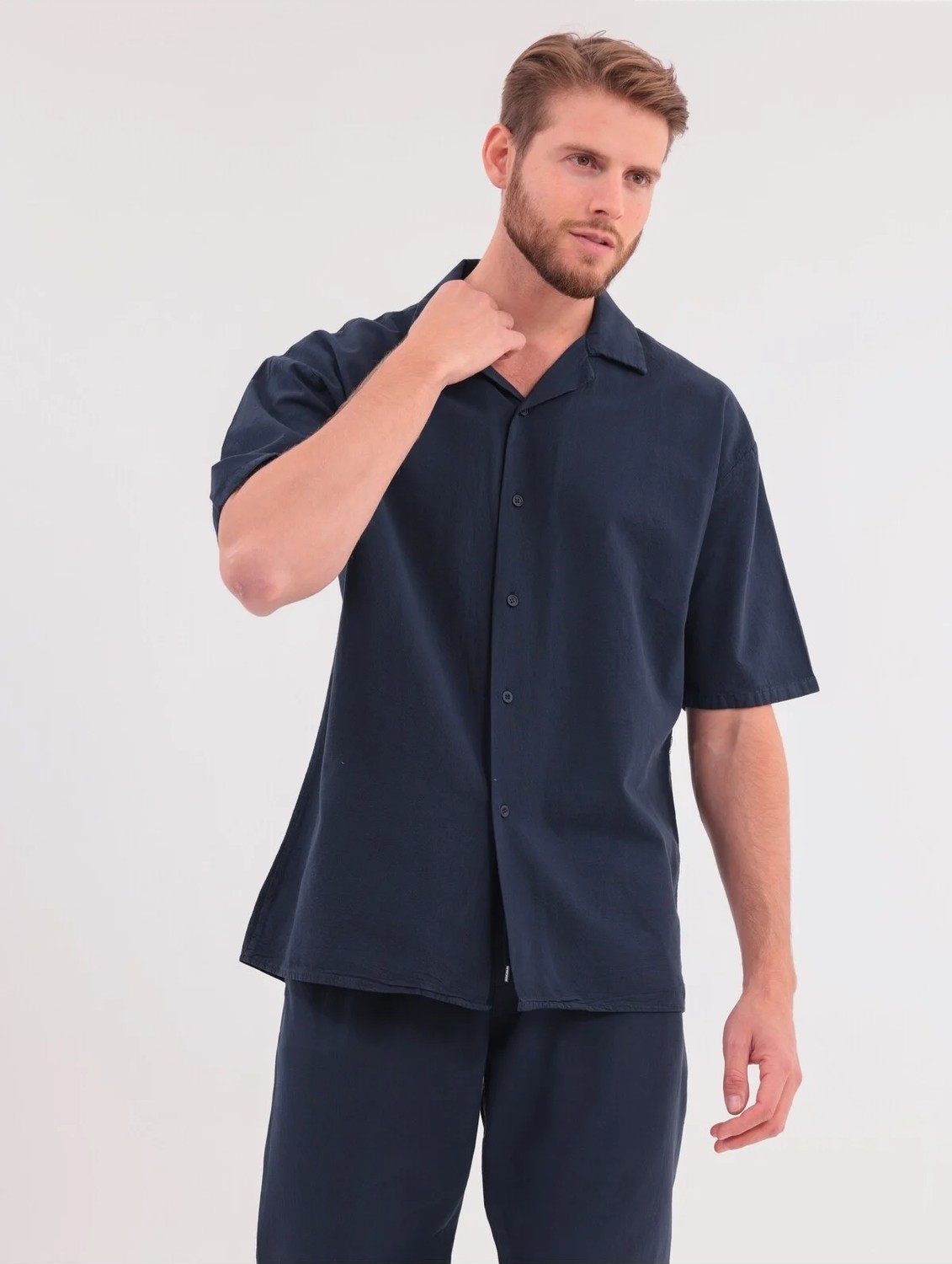 Blayn Jeans Erkek Lacivert Keten Takım Oversize Gömlek & Pantolon 2'li Set Bağcıklı Rahat Yazlık Kombin görsel 2