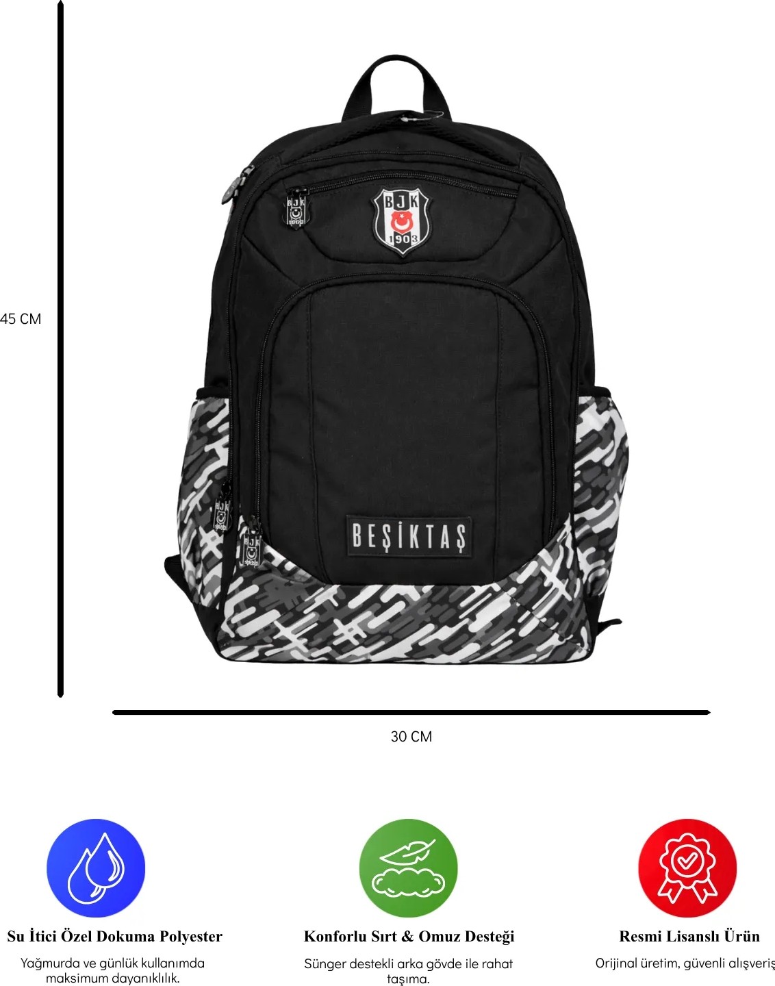 Beşiktaş Lisanslı Çok Bölmeli Sırt Çantası - Su Itici Kumaşlı Desenli Laptop Okul Çantası görsel 2