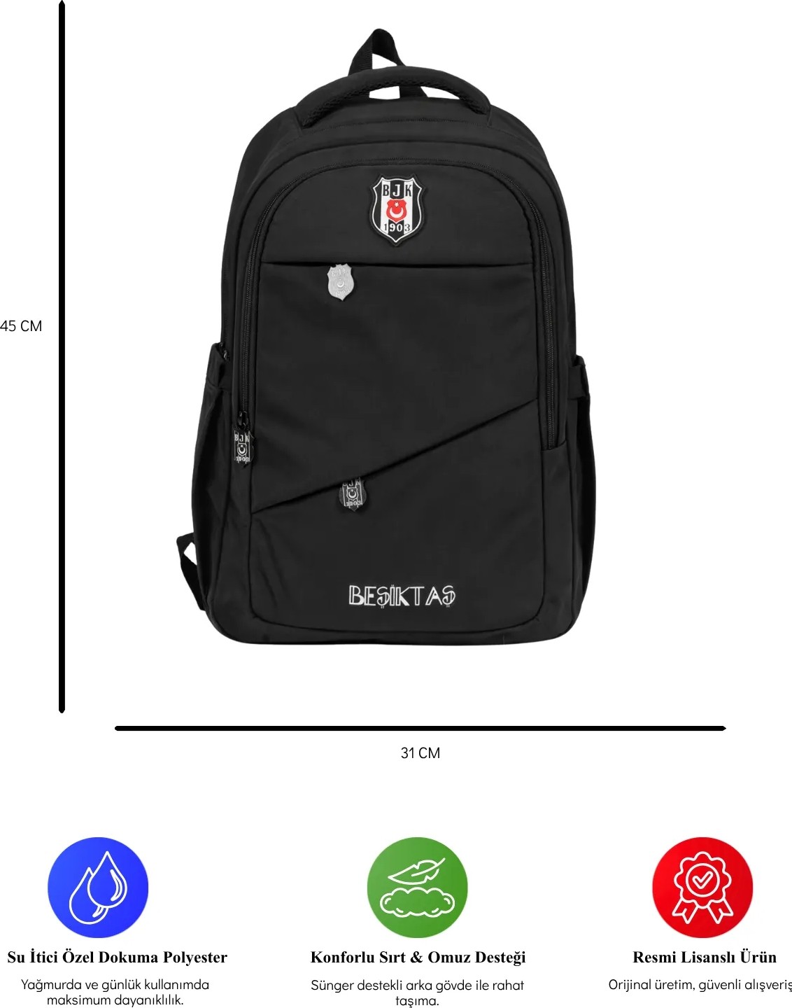 Beşiktaş Lisanslı 3 Bölmeli Siyah Paraşüt Kumaş Sırt Çantası - Laptop Bölmeli Okul Çantası görsel 2