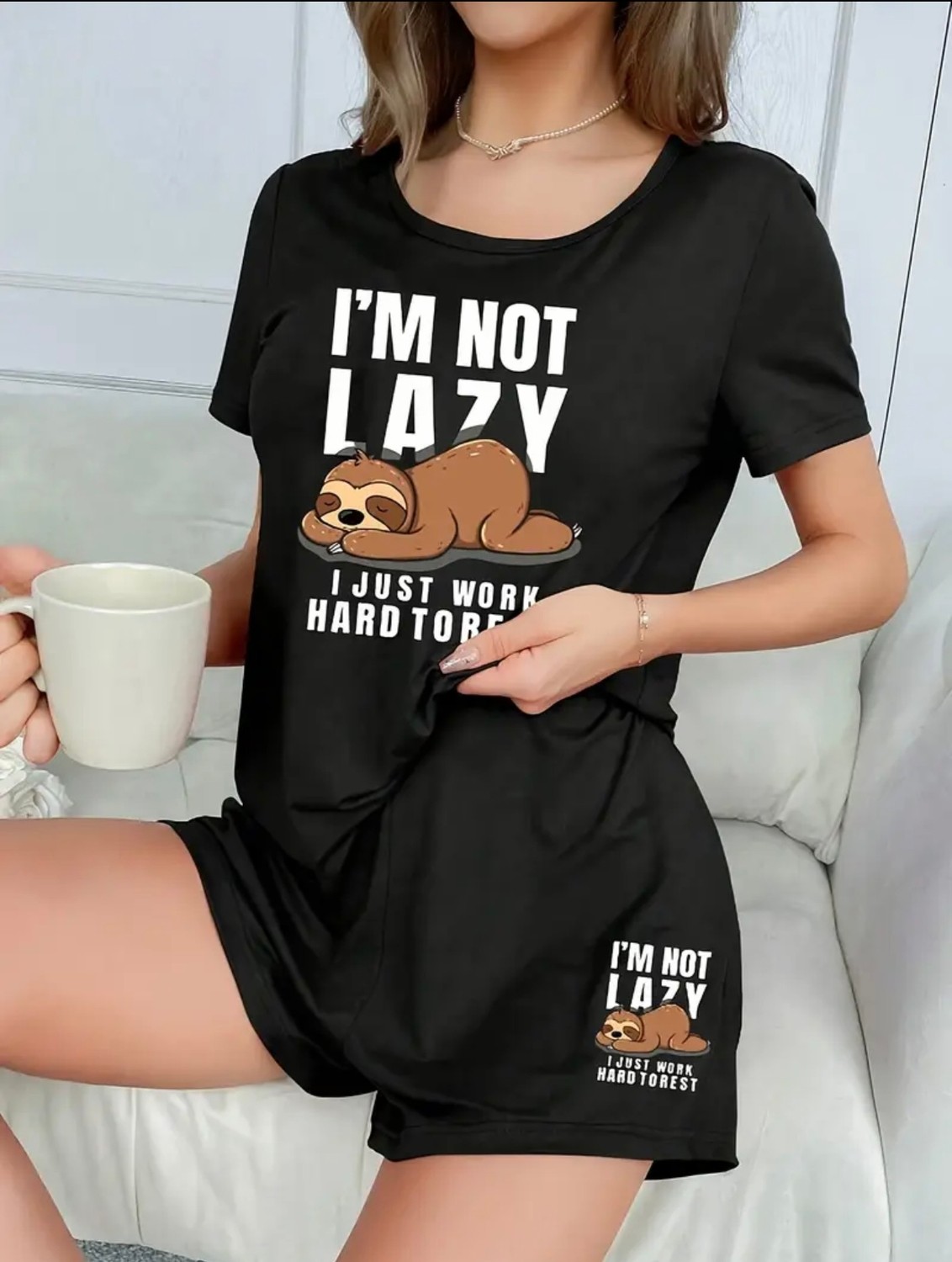 Nigrum Pardus Nıgrum Pardus Yeniz Sezon I'am Not Lazy Baskılı %100 Pamuk Büyük Beden Kadın T-Shirt Şort Takım görsel 3