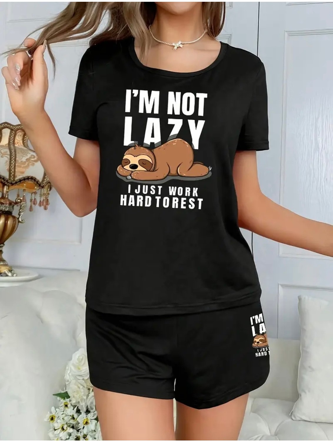 Nigrum Pardus Nıgrum Pardus Yeniz Sezon I'am Not Lazy Baskılı %100 Pamuk Büyük Beden Kadın T-Shirt Şort Takım görsel 4