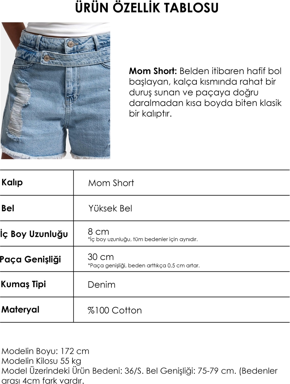 It's Basic Kadın Kot Rengi 11s6-3 Relax Mom Kemer Detaylı Tasarım Denim Şort görsel 6