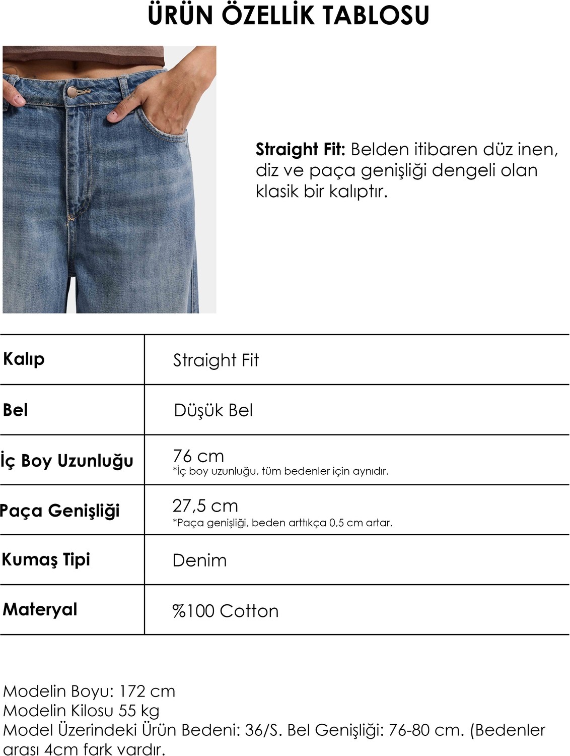 It's Basic Kadın T.Kot Rengi 4w6-31 Low Rise Straight Fit Denim Jean görsel 6