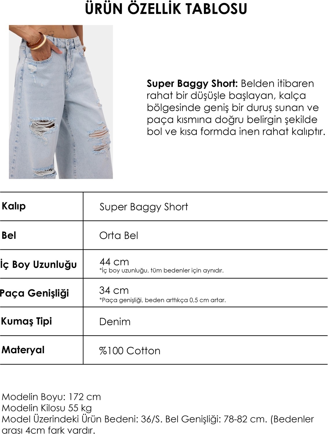 It's Basic Kadın Ice 12s6-3 Süper Baggy Fit Bermuda Denim Jort görsel 6