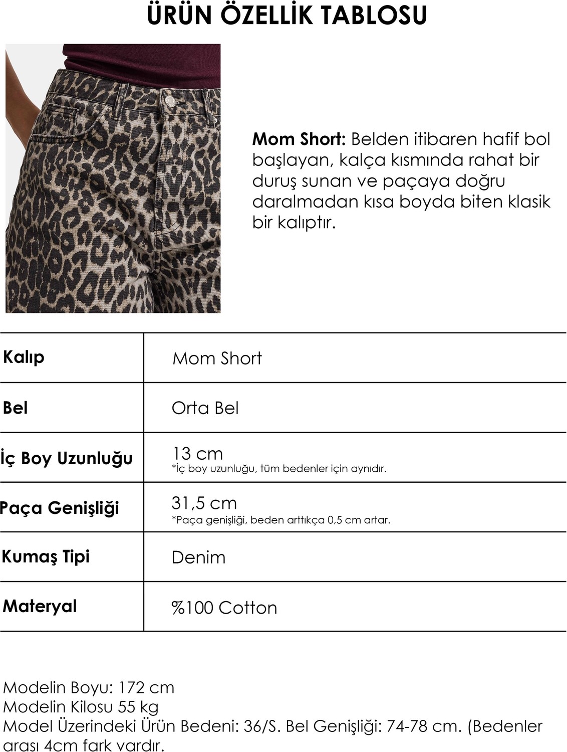 It's Basic Kadın Leopar 1W6-26 Midi Relax Fit Denim Şort görsel 6