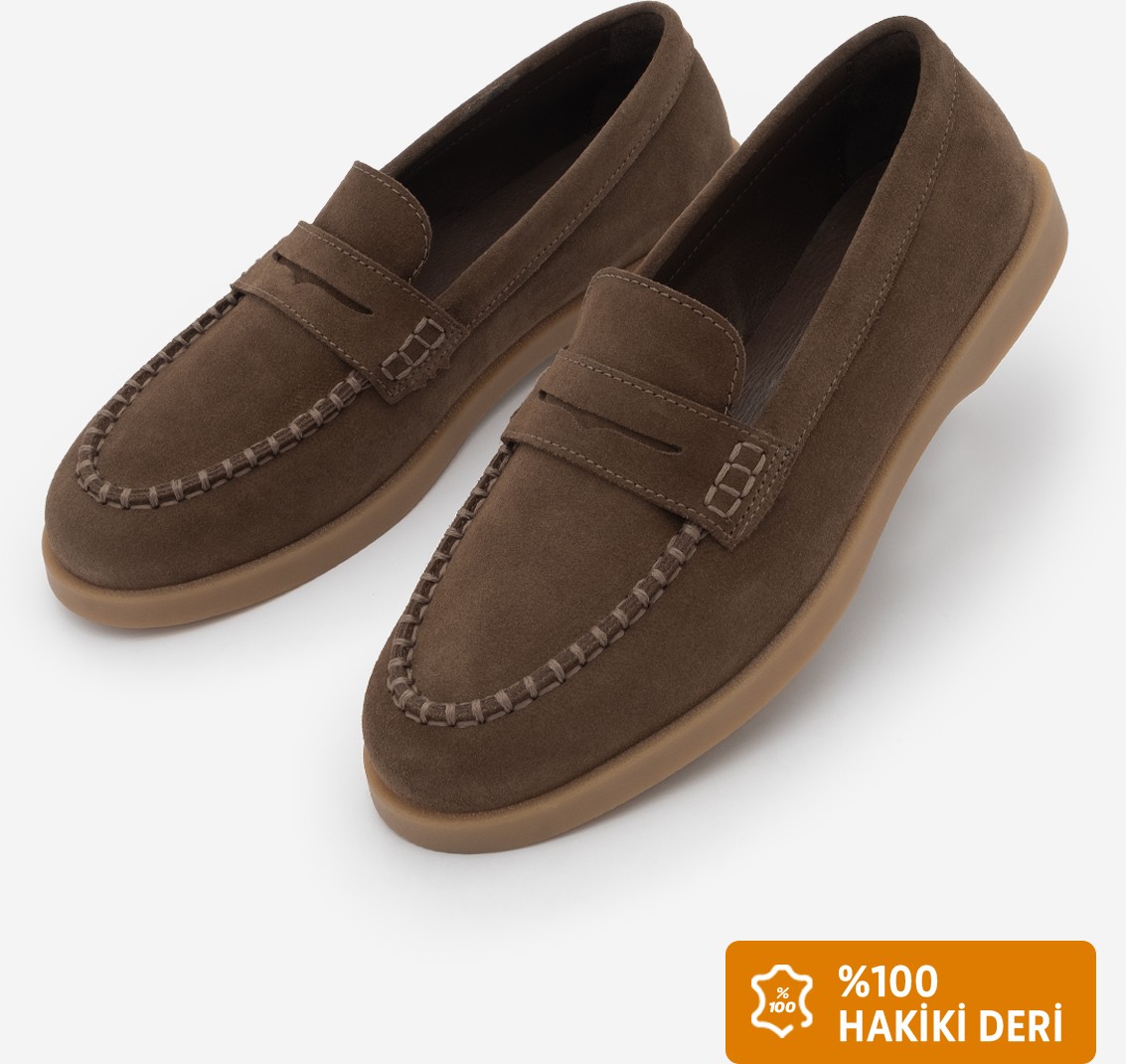 Marjin Kadın Deri Loafer Ayakkabı Taba Süet Düz Taban ile Rahat Günlük Stil