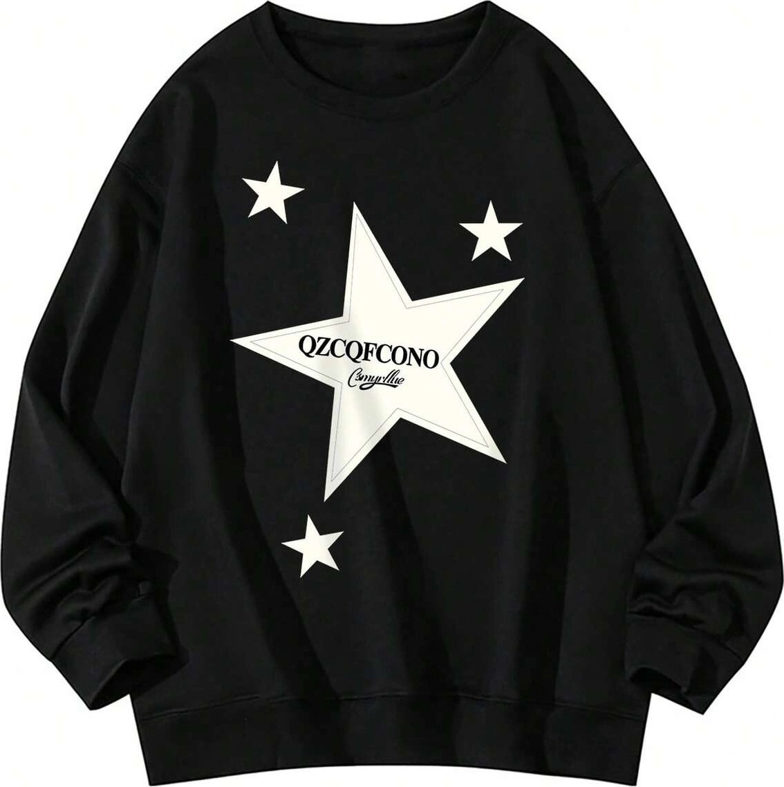 Tarzsokak Letter & Star Pattern Drop Shoulder Pullover Siyah görsel 3