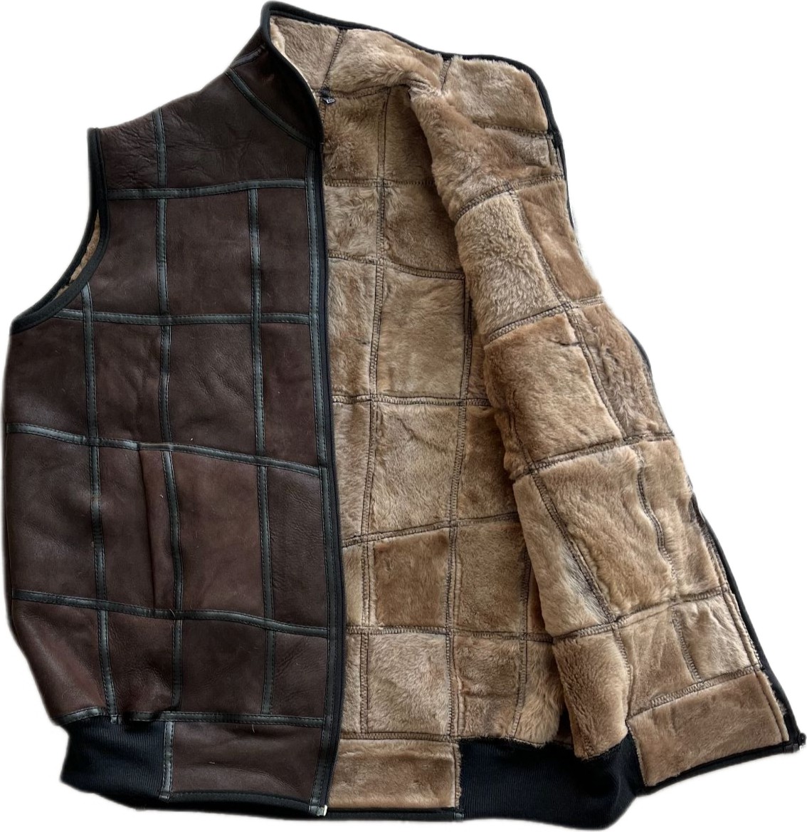 Patchwork Içi Kürk-Dışı Süet Hakiki Deri Yakalı Biye ve Triko Detaylı Yelek