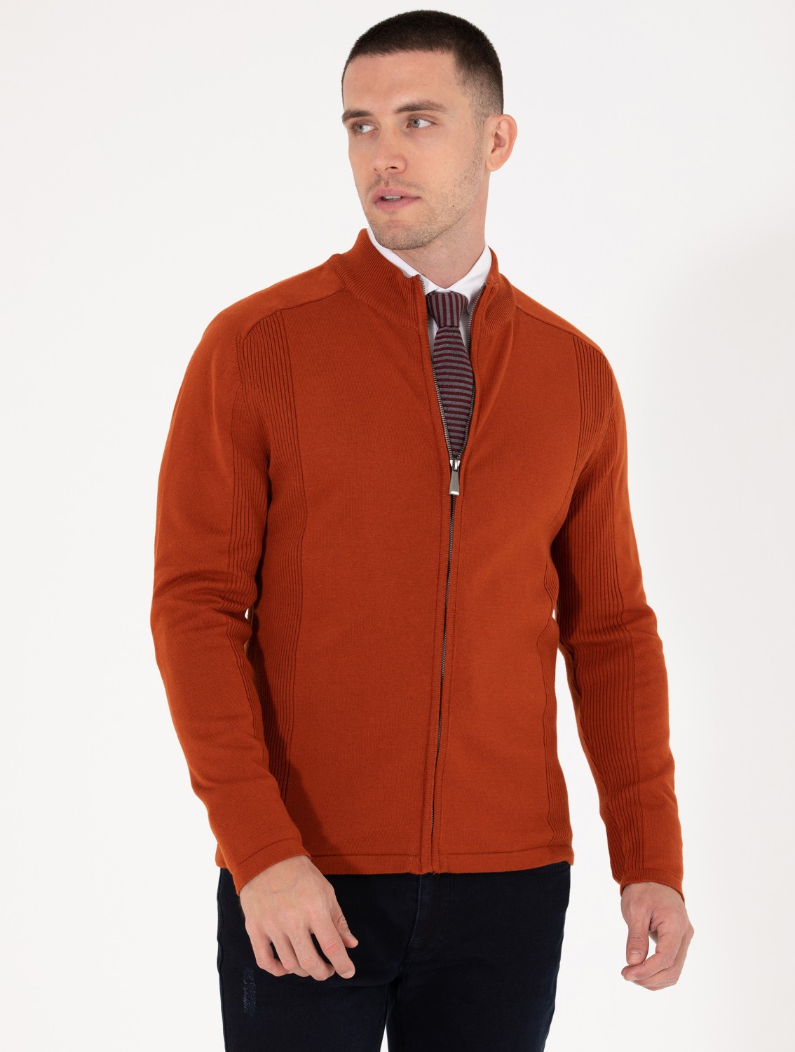 Pierre Cardin Erkek Kahverengi Slim Fit Fermuarlı Triko Hırka 50263239-VR182 görsel 3