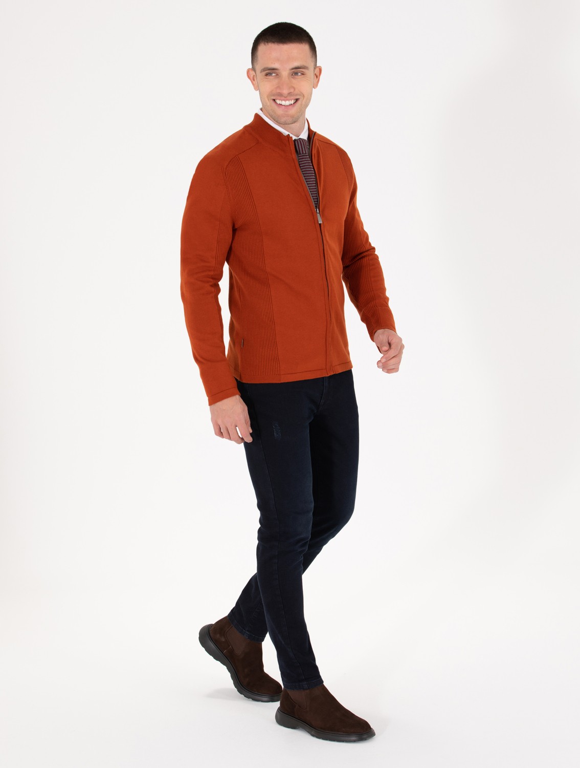 Pierre Cardin Erkek Kahverengi Slim Fit Fermuarlı Triko Hırka 50263239-VR182 görsel 4