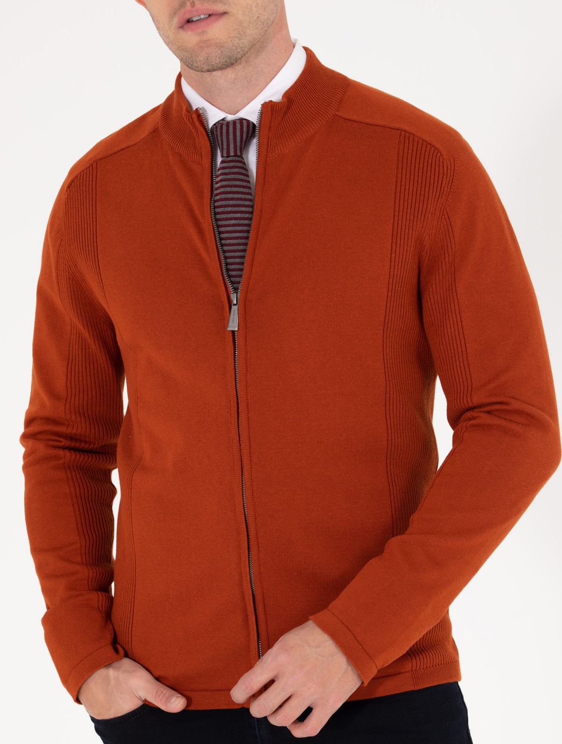 Pierre Cardin Erkek Kahverengi Slim Fit Fermuarlı Triko Hırka 50263239-VR182 görsel 6