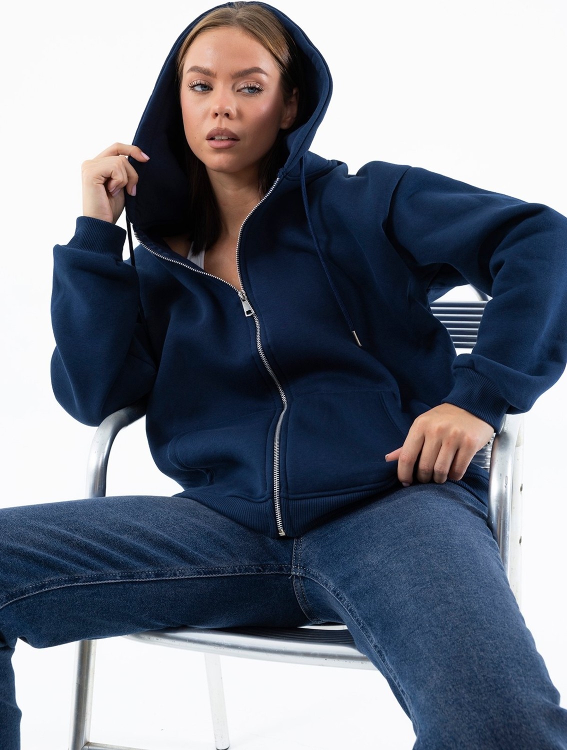 Giysa Kadın Indigo Fermuarlı Şardonlu Kapüşonlu Oversize Sweatshirt - 9015 görsel 7