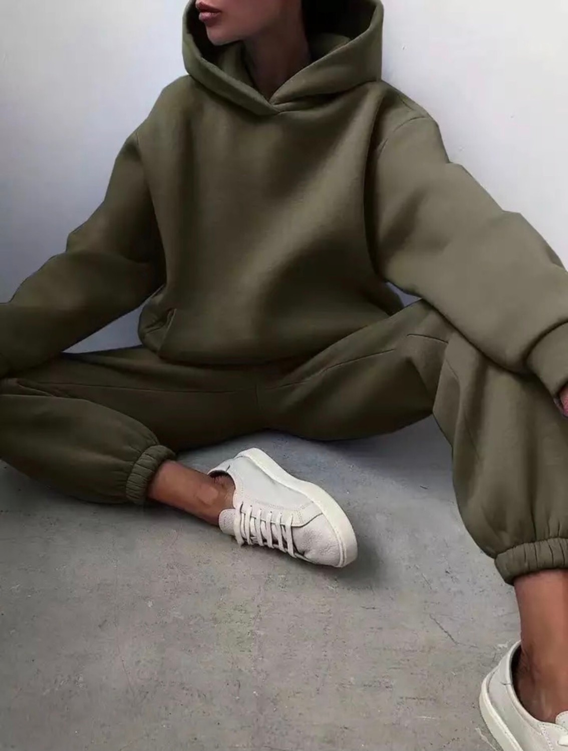 Punix Punıx Büyük Beden Özel Seri Kapüşonlu Düz Renk %100 Pamuk Trend Kışlık Oversize Kadın Eşofman Takımı