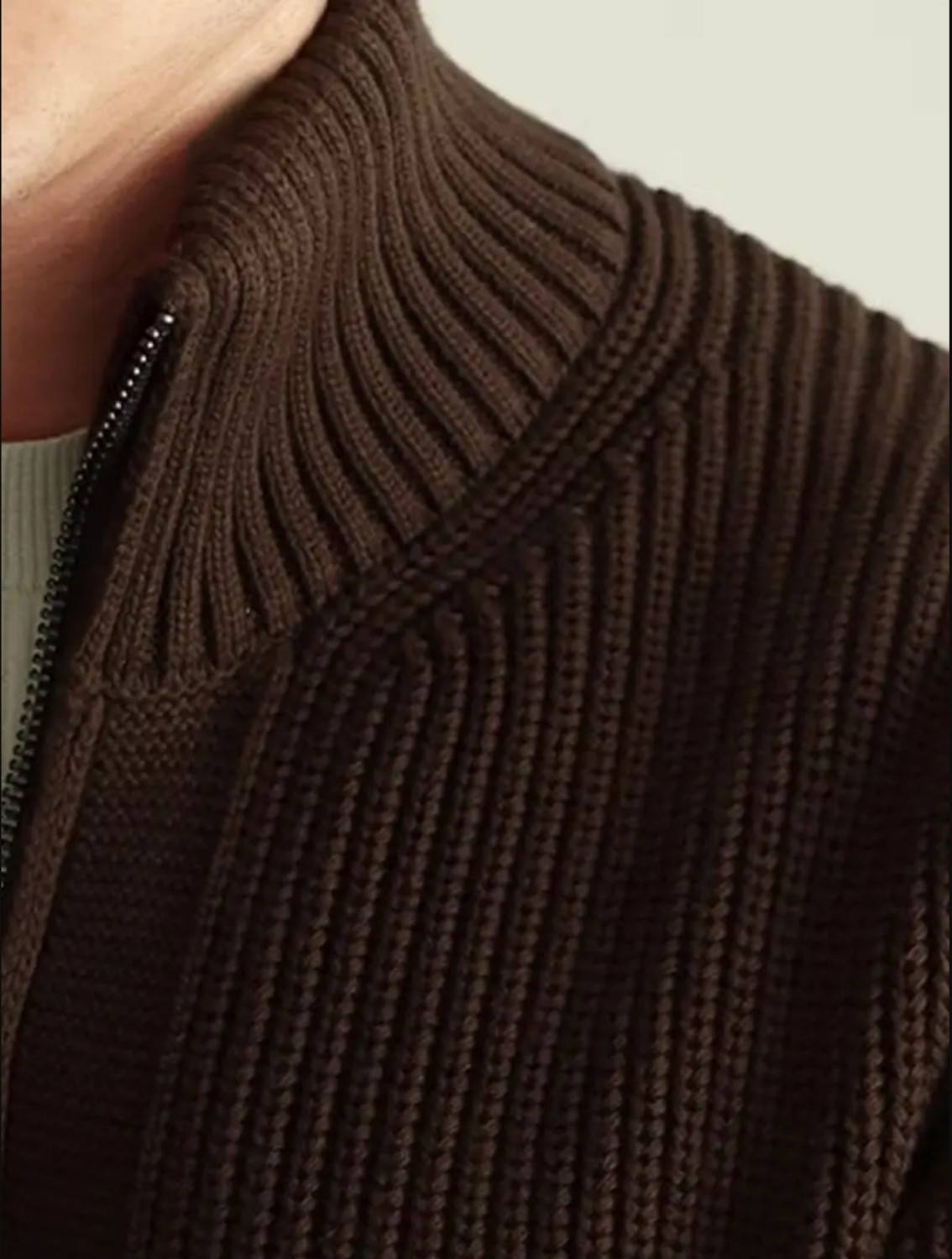 Tarz Cool Erkek Slim Fit Triko Hırka Kahverengi Akrilik Düz Desenli Fermuarlı Özellikli görsel 7