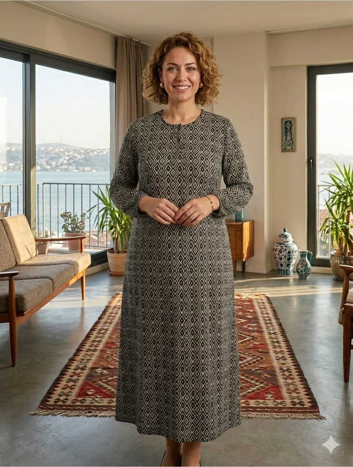Asel Kadın Desenli Büyük Beden Likralı Penye Uzun Tesettür Elbise görsel 4