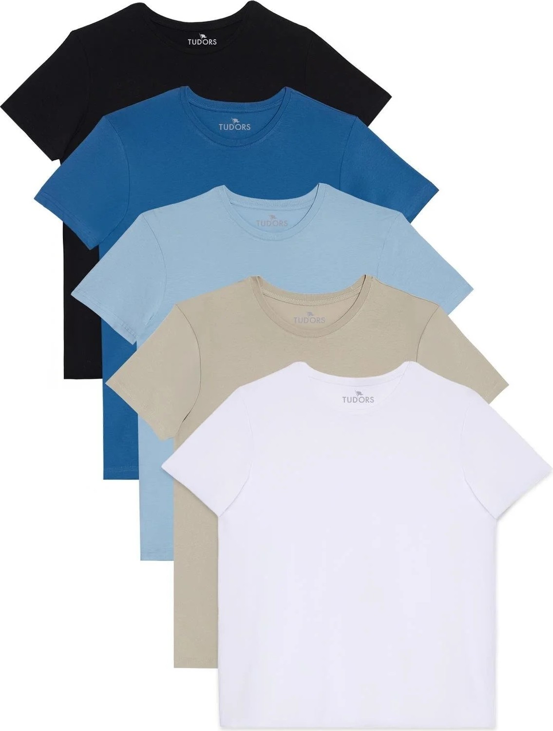 Tudors Unisex 5'li Paket Siyah-Taş-Mavi-Açık Mavi-Beyaz Slim Fit Dar Kesim %100 Pamuk Bisiklet Yaka Tişört