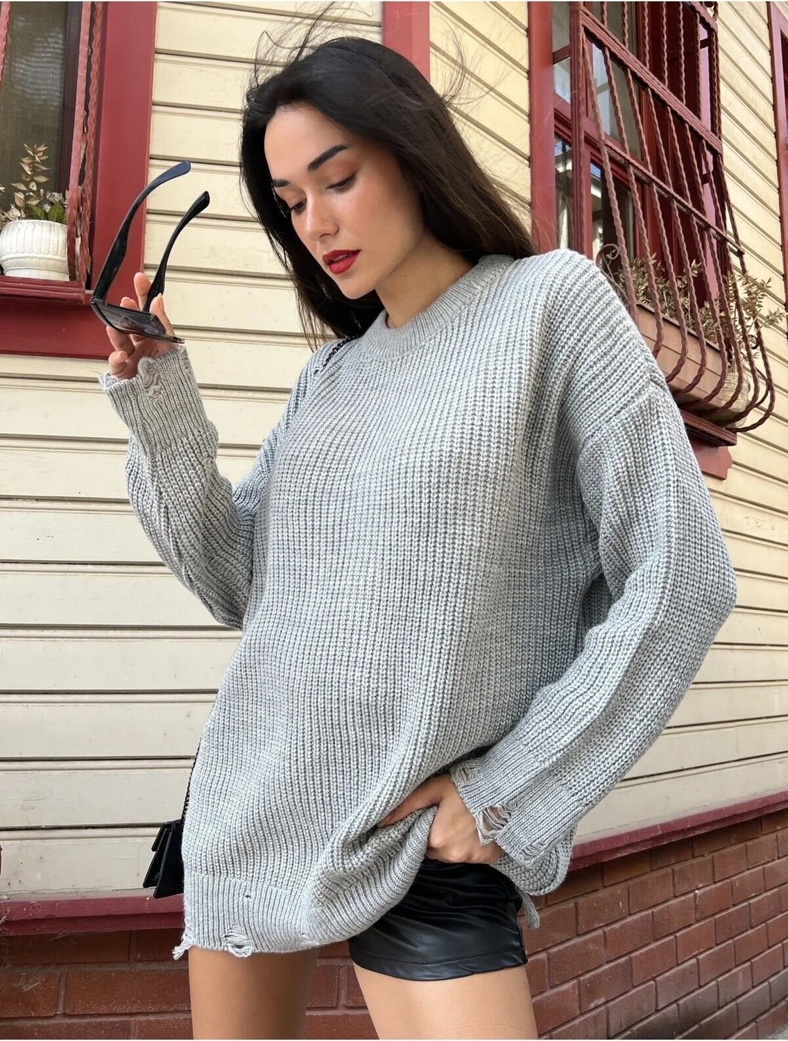 Minaaise Gri Uzun Yırtıklı Oversize Triko Kazak 26031 görsel 8