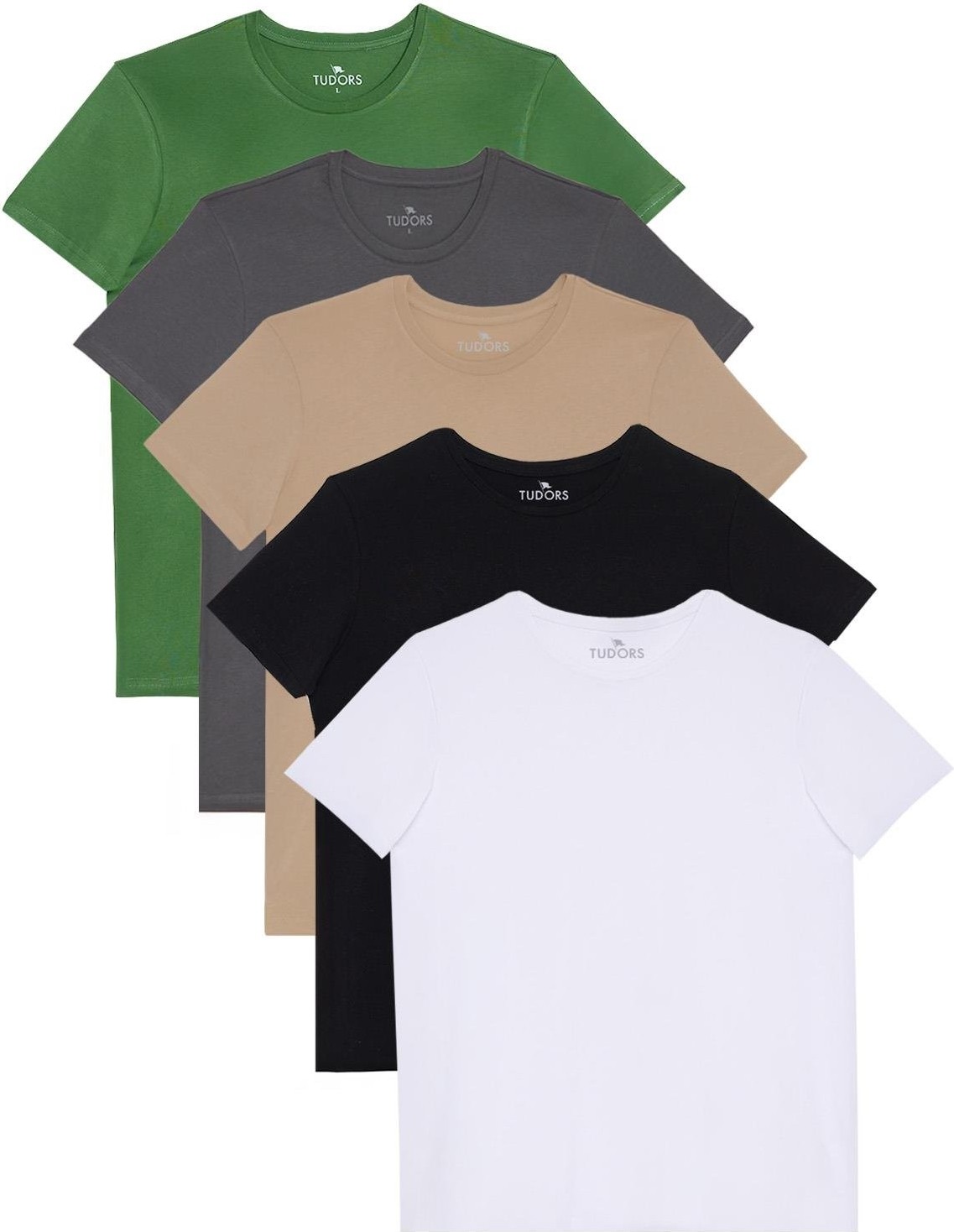 Tudors Unisex 5'li Paket Siyah-Beyaz-Füme-Vizon-Yeşil Slim Fit Dar Kesim %100 Pamuk Bisiklet Yaka Tişört