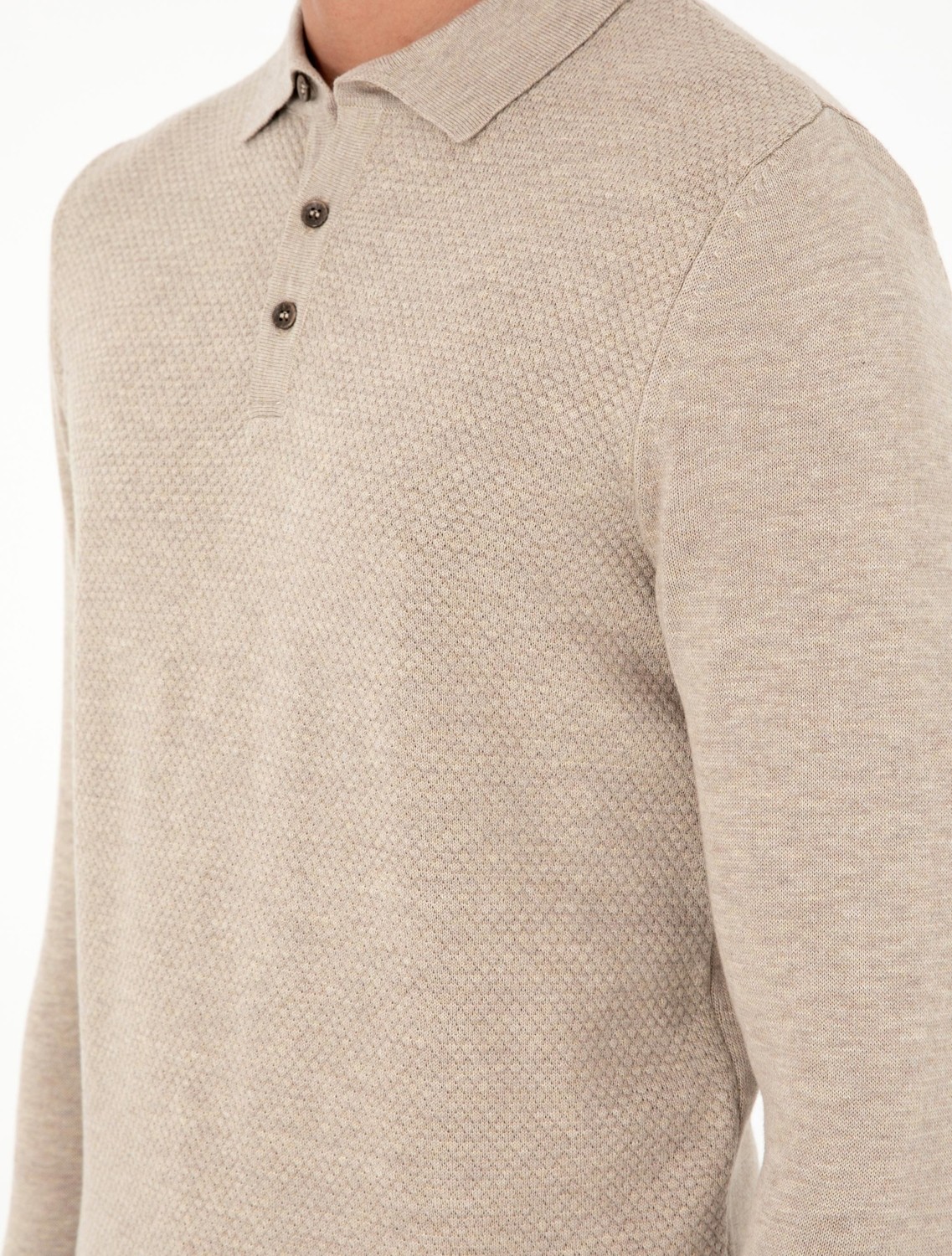 Pierre Cardin Erkek Kum Melanj Slim Fit Düğmeli Polo Yaka Triko Kazak 50300506-VR123 görsel 7