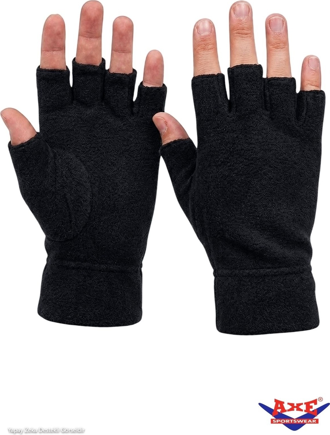 Axe Sportswear Kışlık Siyah Polar Bileği Sıkmayan Manşetli Katlamalı Rahat Kullanım Parmaksız Kesik Eldiven Bere Olabilen Ipli Boyunluk 3'lü Set görsel 2
