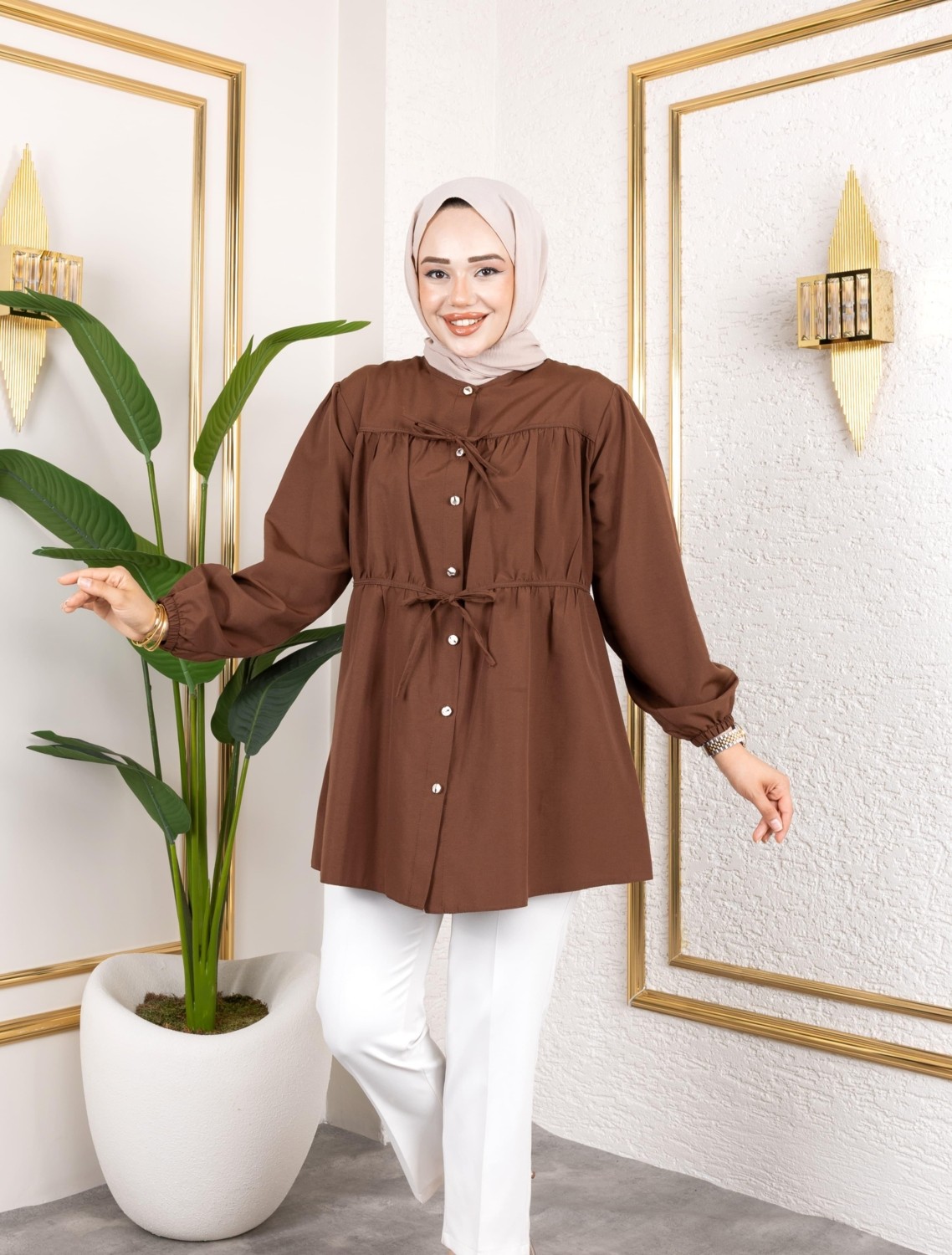 Harma Time Butik Kadın Düğmeli Bağlamalı Kahverengi Gömlek görsel 6